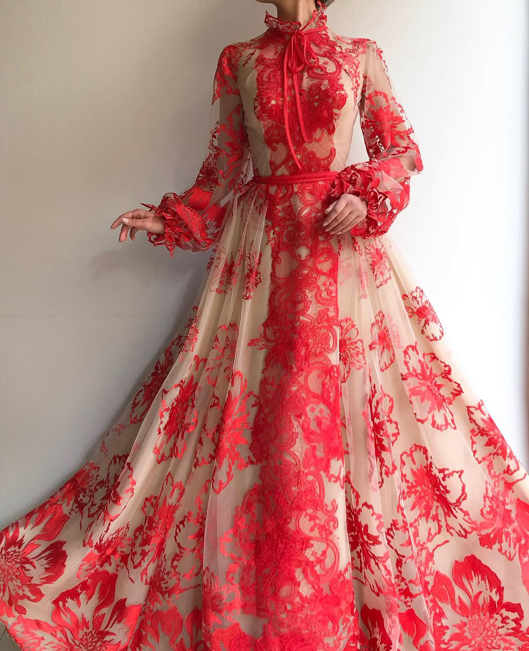 Red A-Line dress with long sleeves and lace