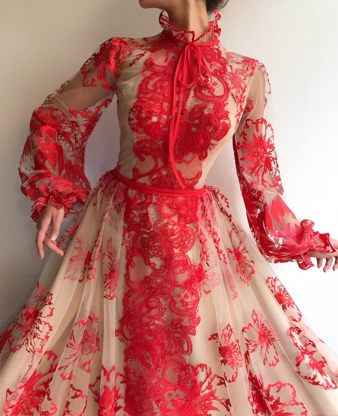Red A-Line dress with long sleeves and lace