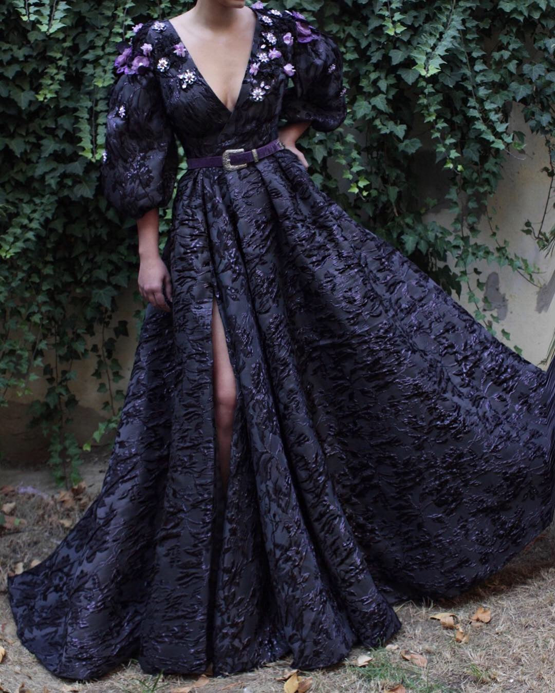 Purple A-Line dress with belt, v-neck, long sleeves and embroidery