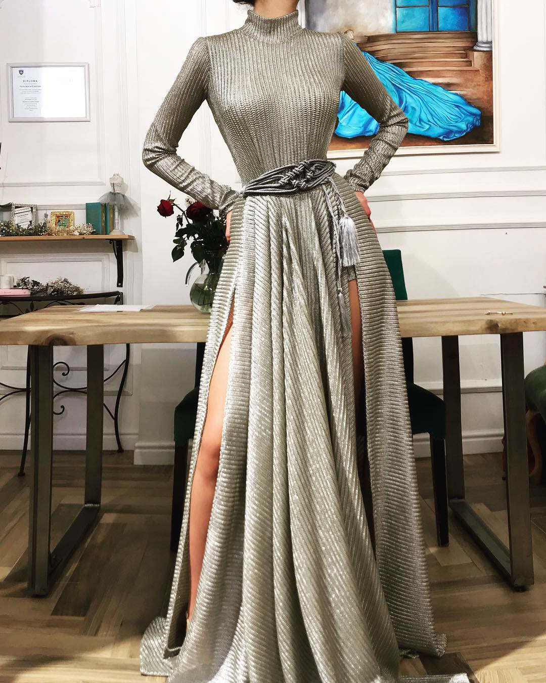 Grey mermaid dress with long sleeves and belt