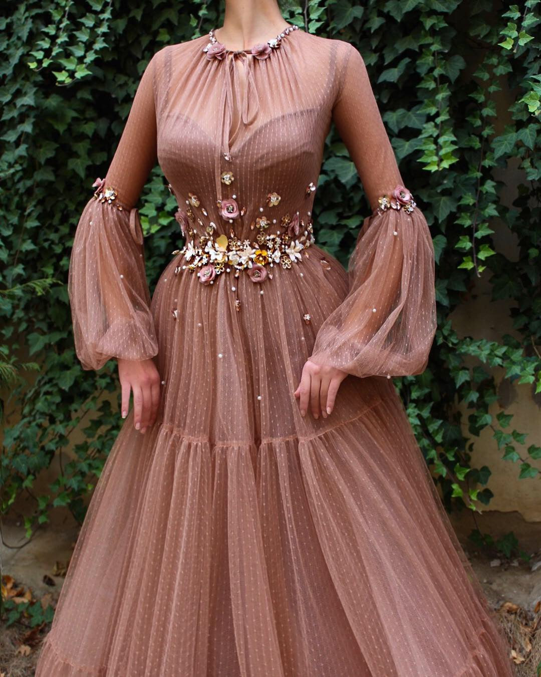 Brown A-Line dress with long sleeves and embroidery