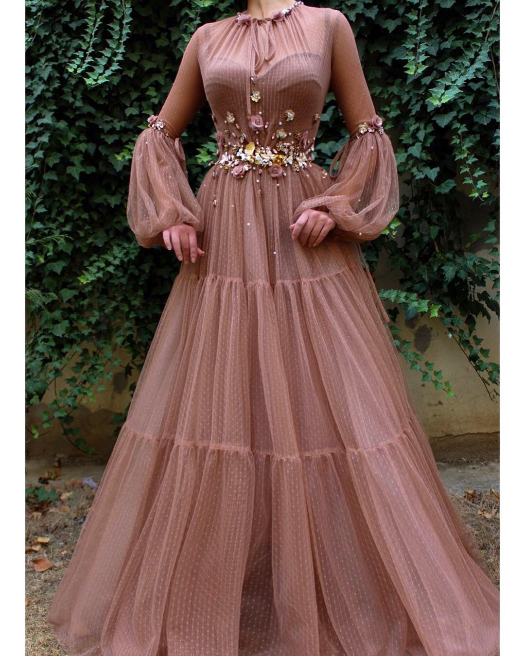 Brown A-Line dress with long sleeves and embroidery