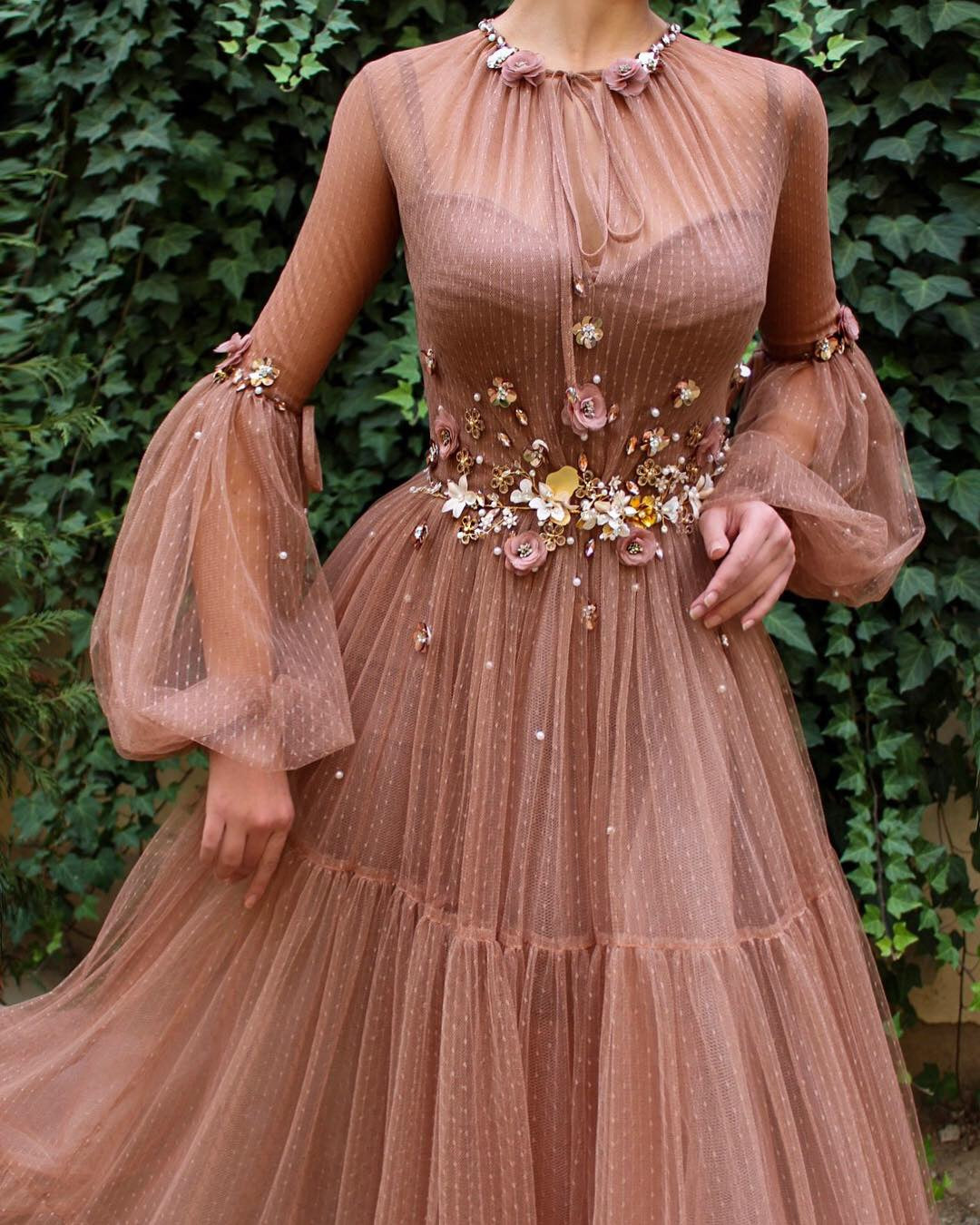 Brown A-Line dress with long sleeves and embroidery