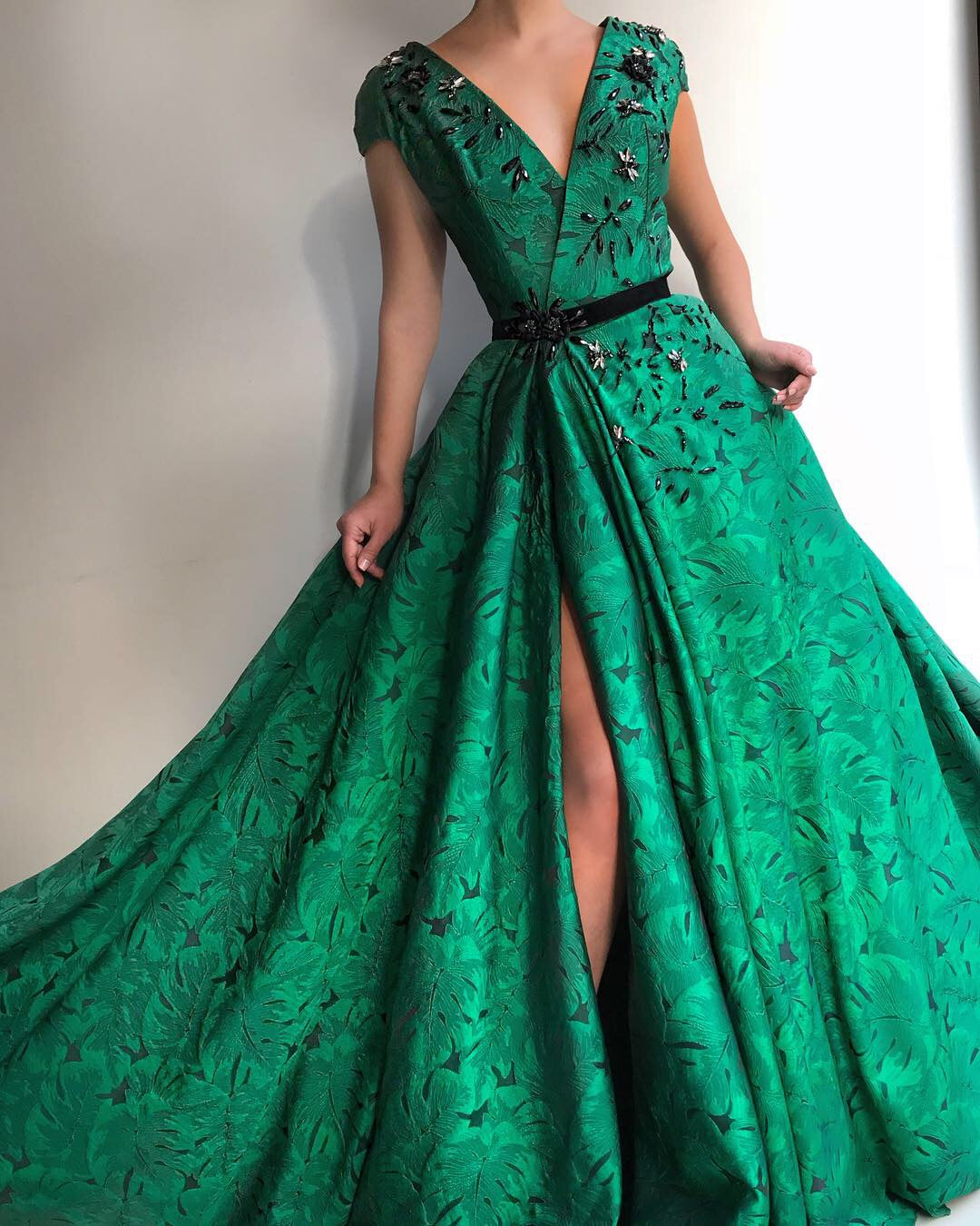 Green A-Line dress with embroidery, v-neck and no sleeves