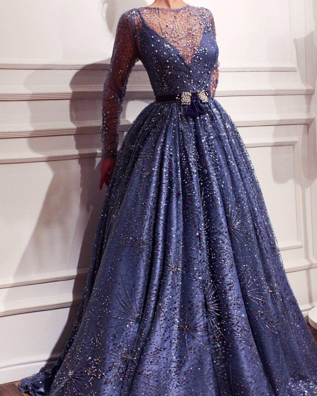 Purple A-Line dress with long sleeves and embroidery