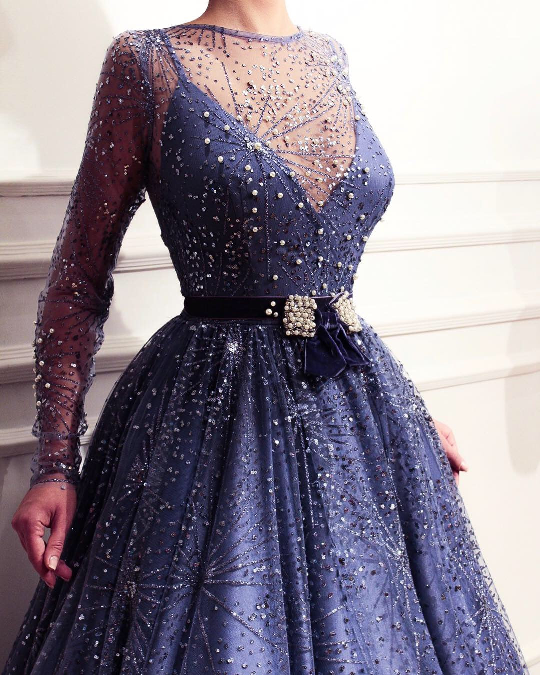 Purple A-Line dress with long sleeves and embroidery