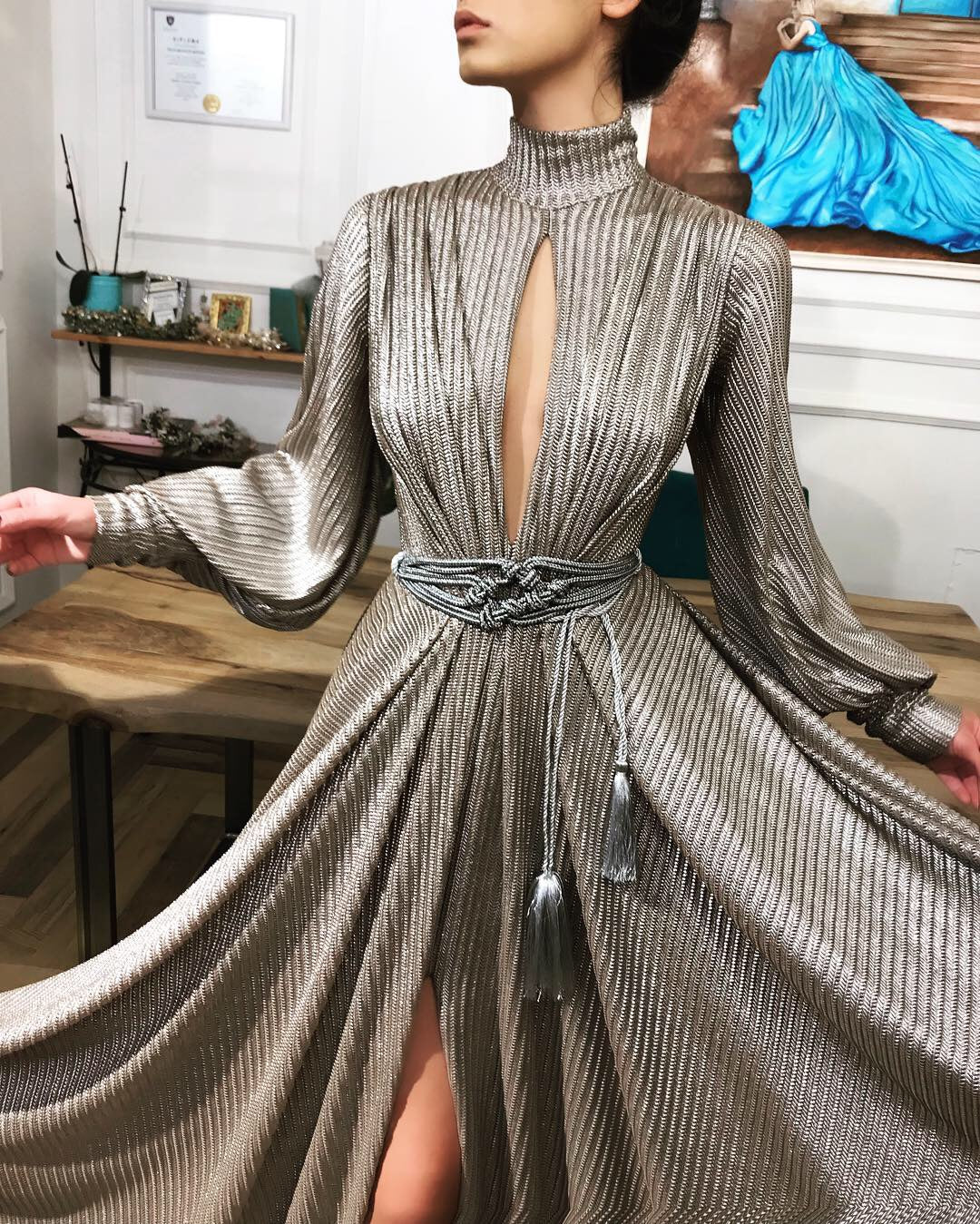 Grey A-Line dress with long sleeves and belt