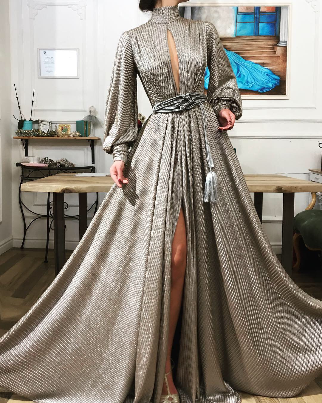 Grey A-Line dress with long sleeves and belt