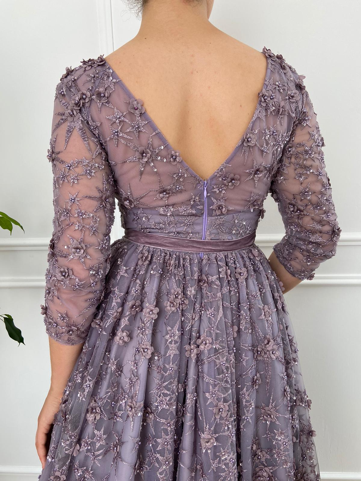 Purple A-Line dress with lace, v-neck and long sleeves