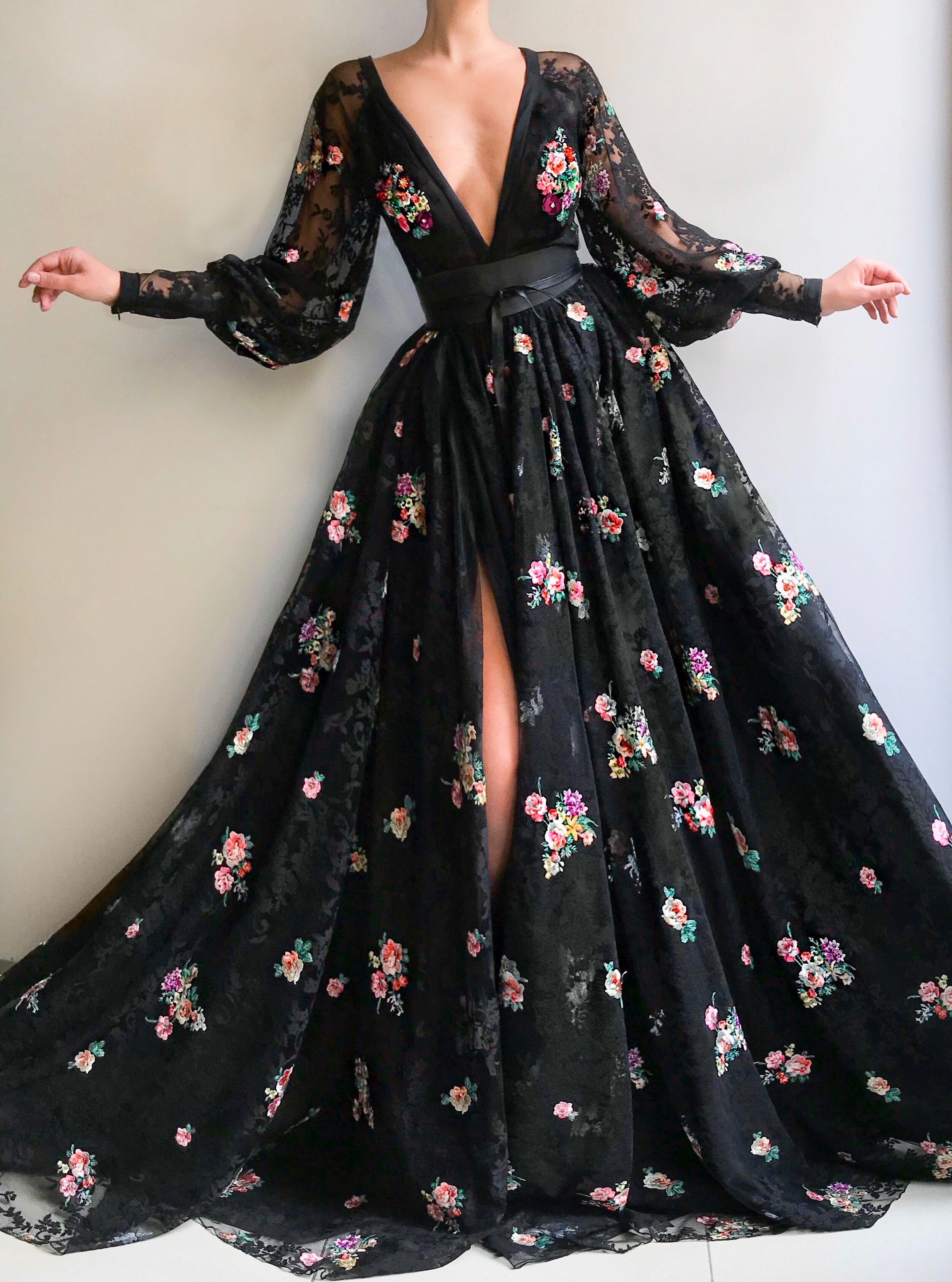 Black A-Line dress with v-neck, long sleeves and embroidery