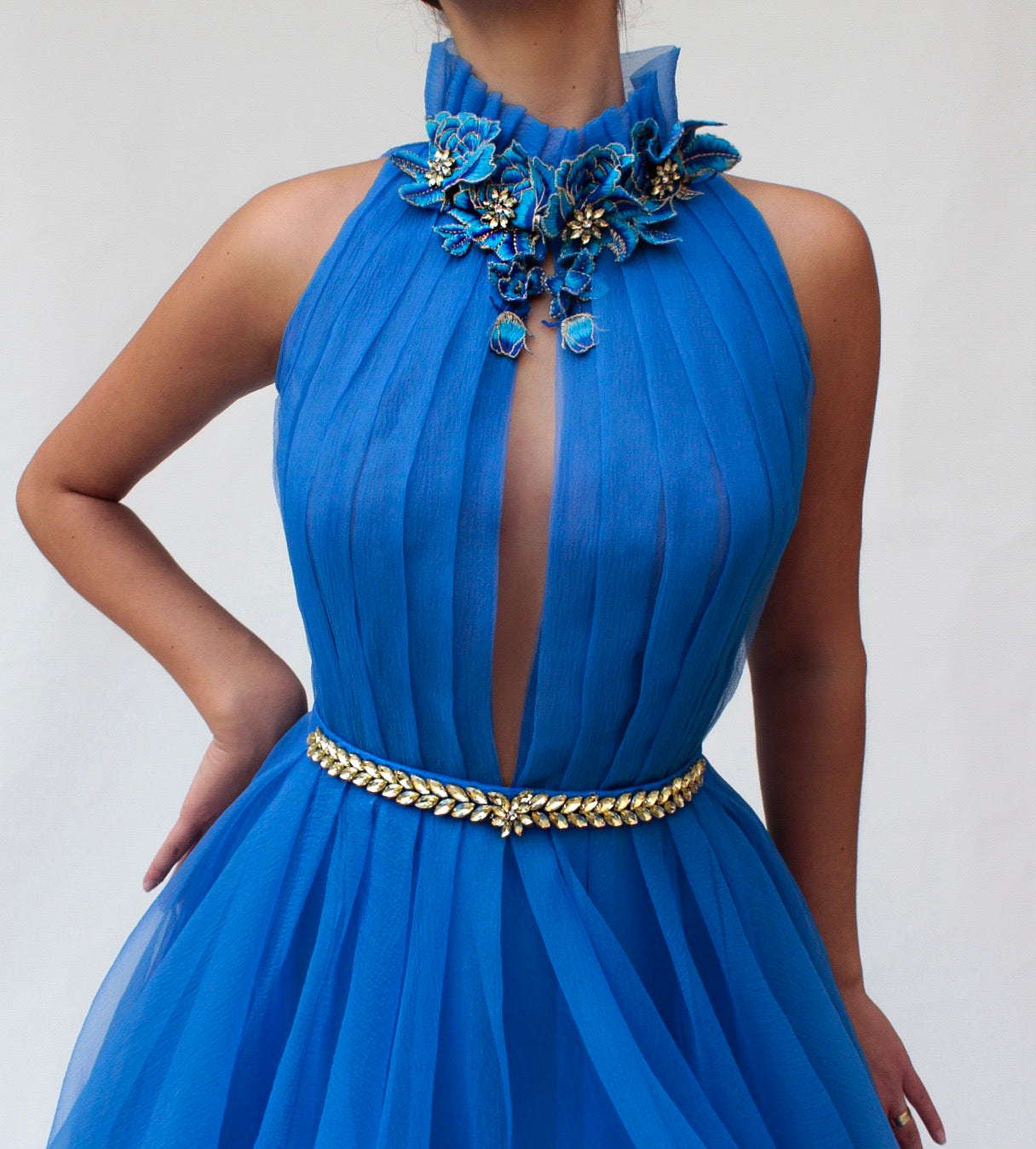 Blue A-Line dress with no sleeves and embroidery