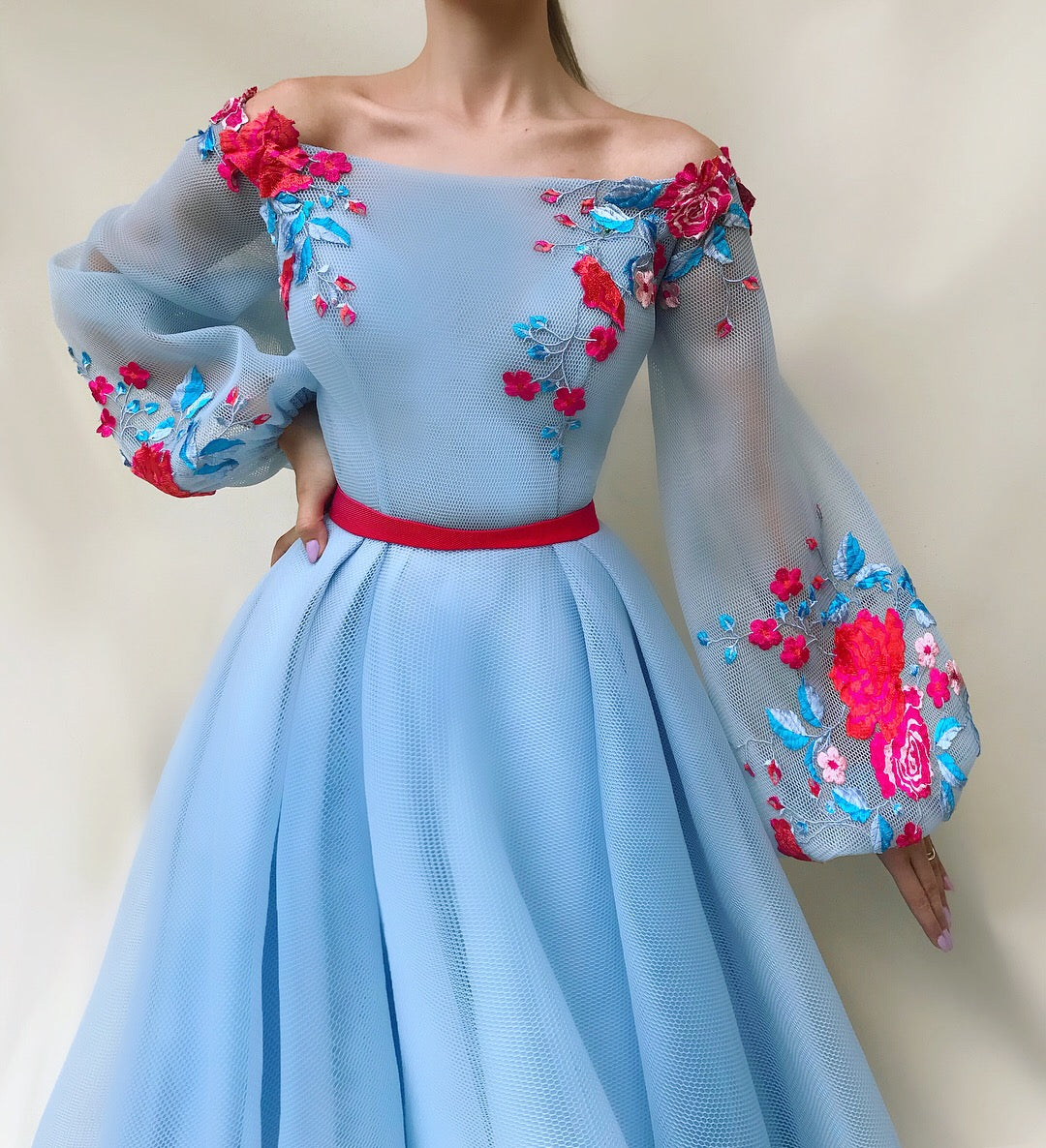 Blue A-Line dress with long off the shoulder sleeves and embroidery