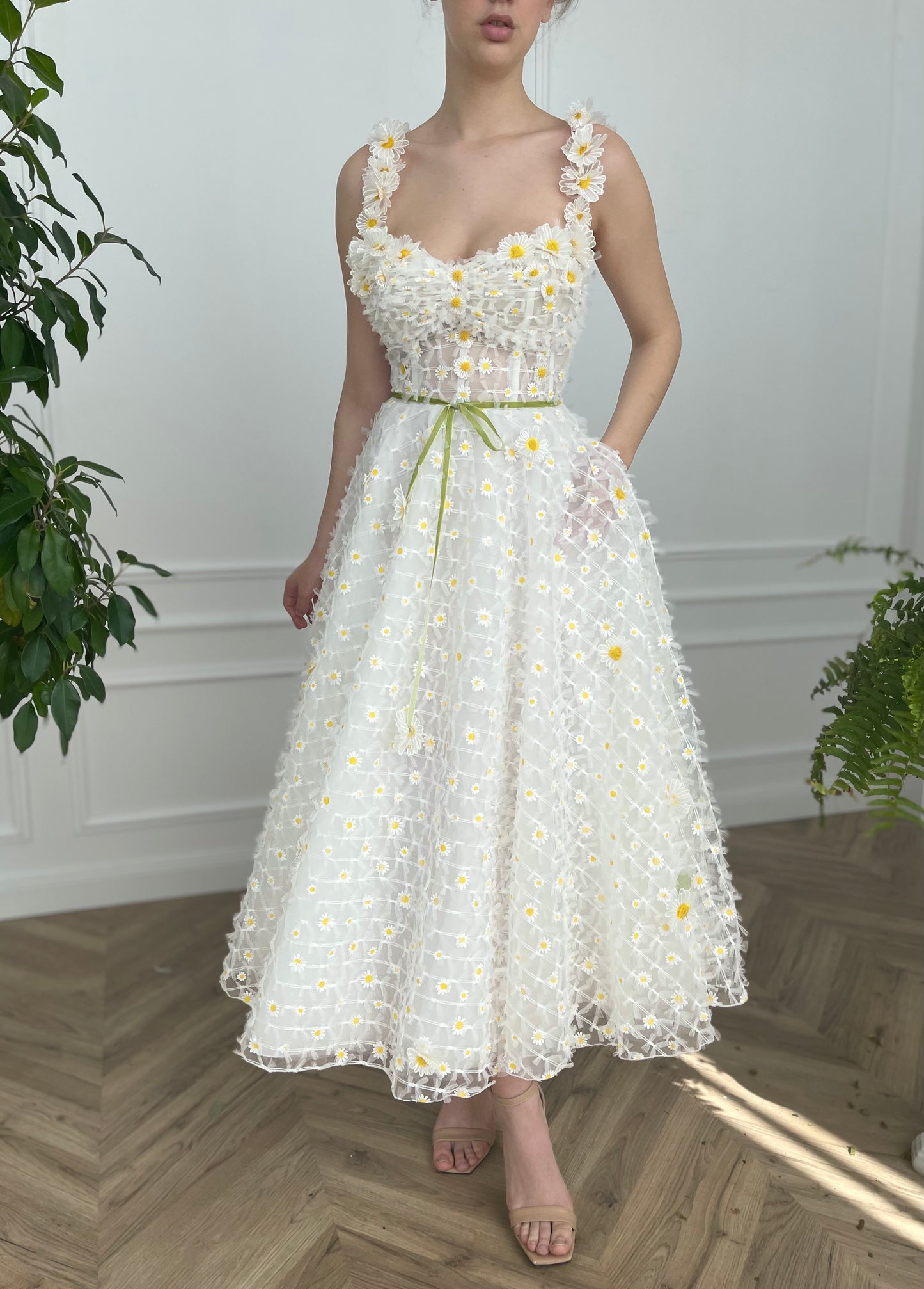Midi white bridal dress with daisies, straps and embroidered flowers