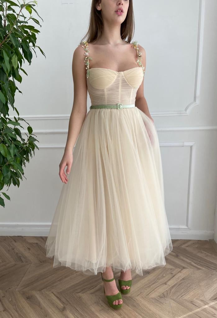Beige midi dress with belt, spaghetti straps and embroidery
