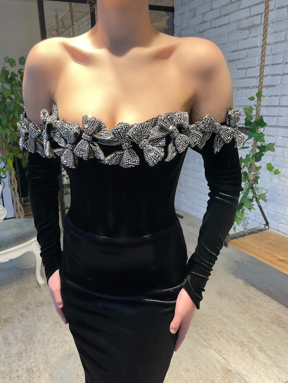 Black mermaid dress with embroidery, off the shoulder sleeves and long sleeves