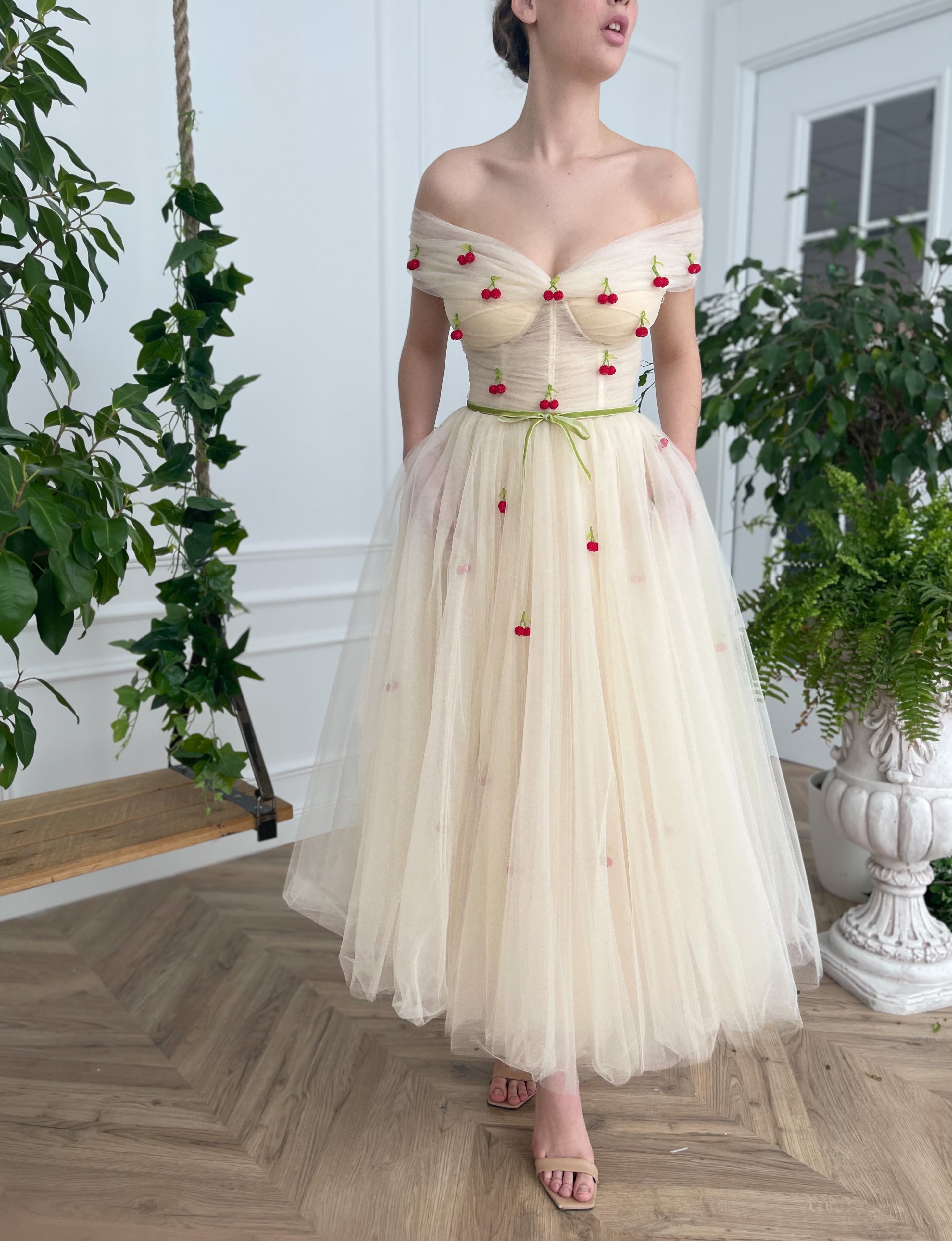 Midi beige bridal dress with embroidered cherries and off the shoulder sleeves