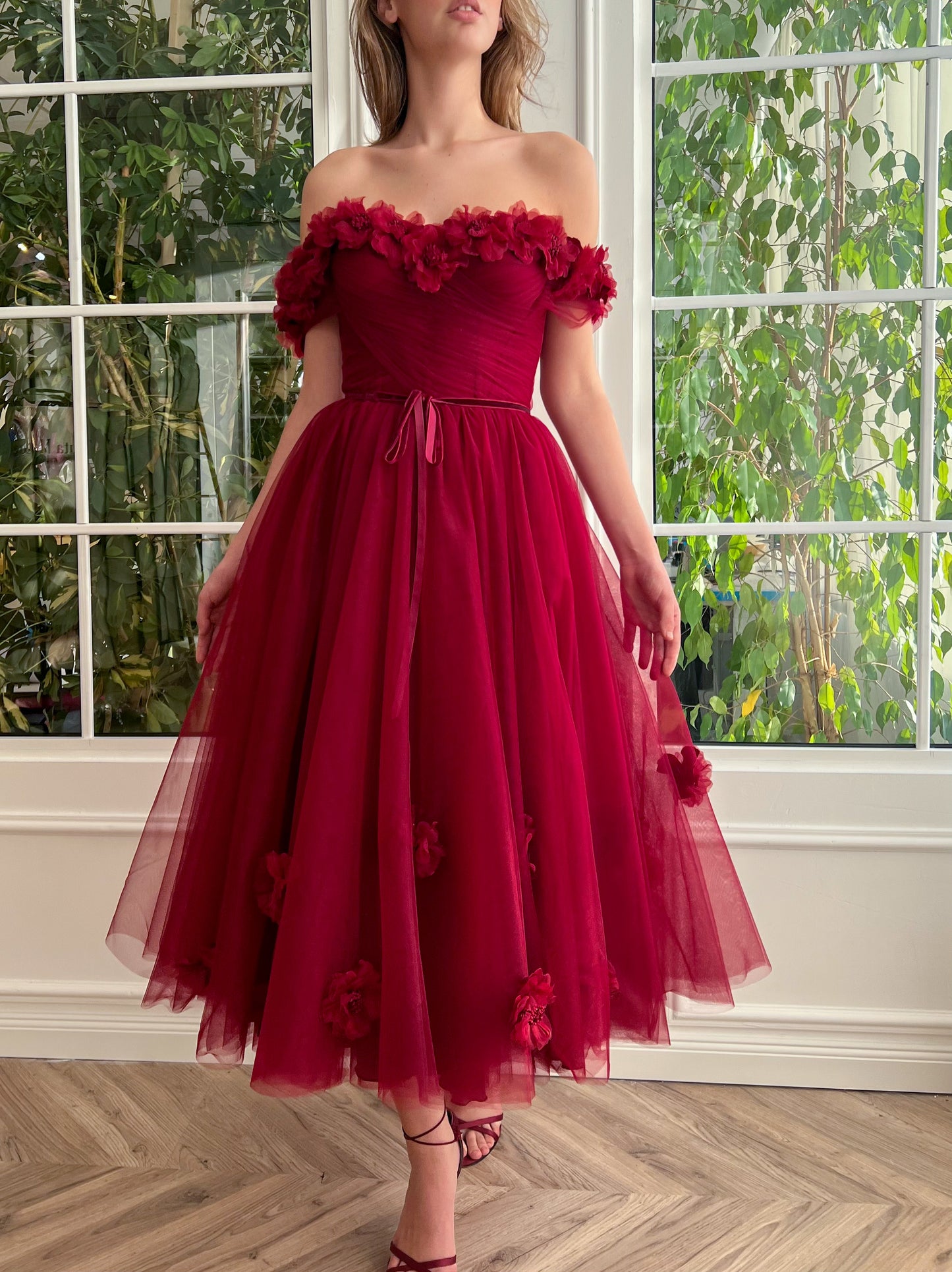 Red midi dress with embroidery, flowers and off the shoulder sleeves