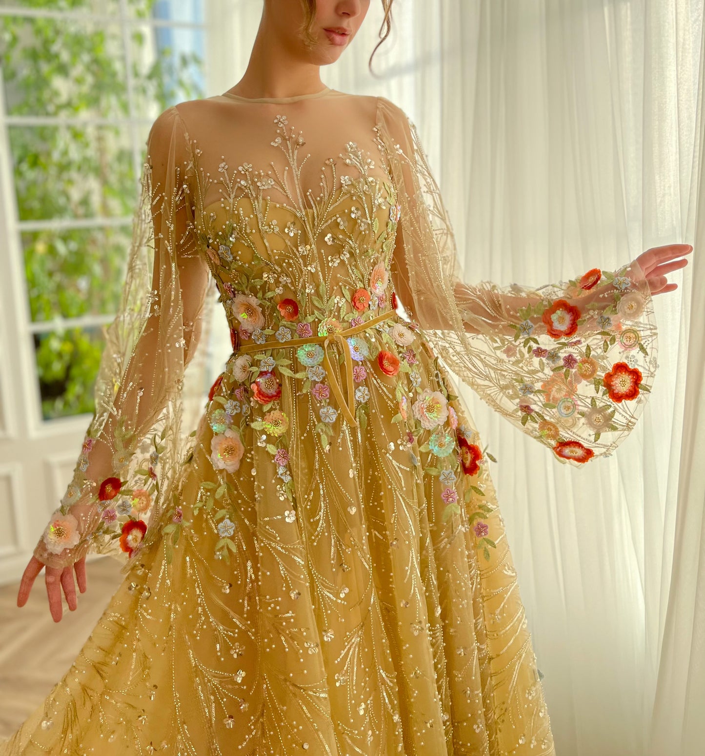 Gold A-Line dress with long sleeves, flowers and embroidery