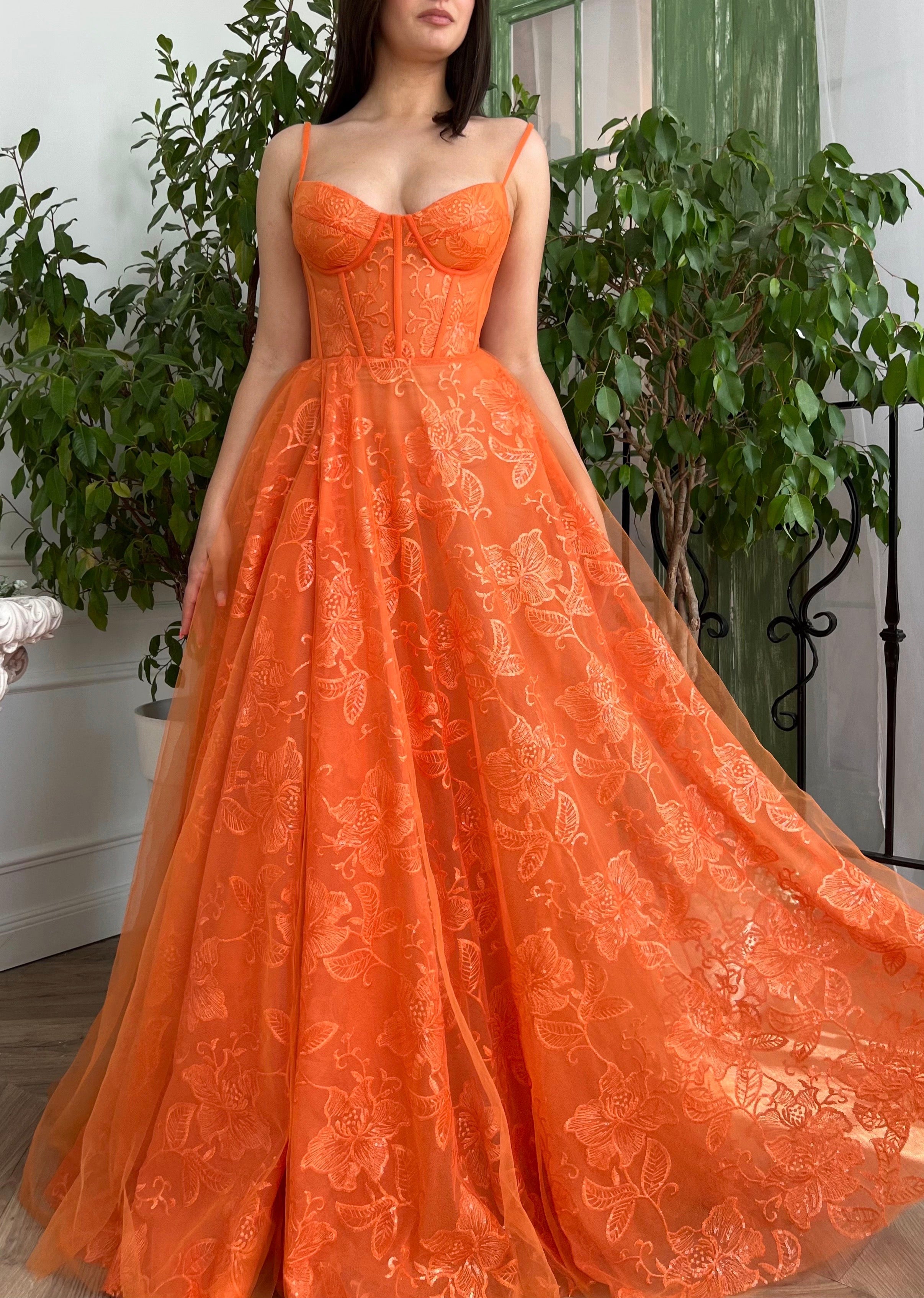 Orange A-Line dress with spaghetti straps
