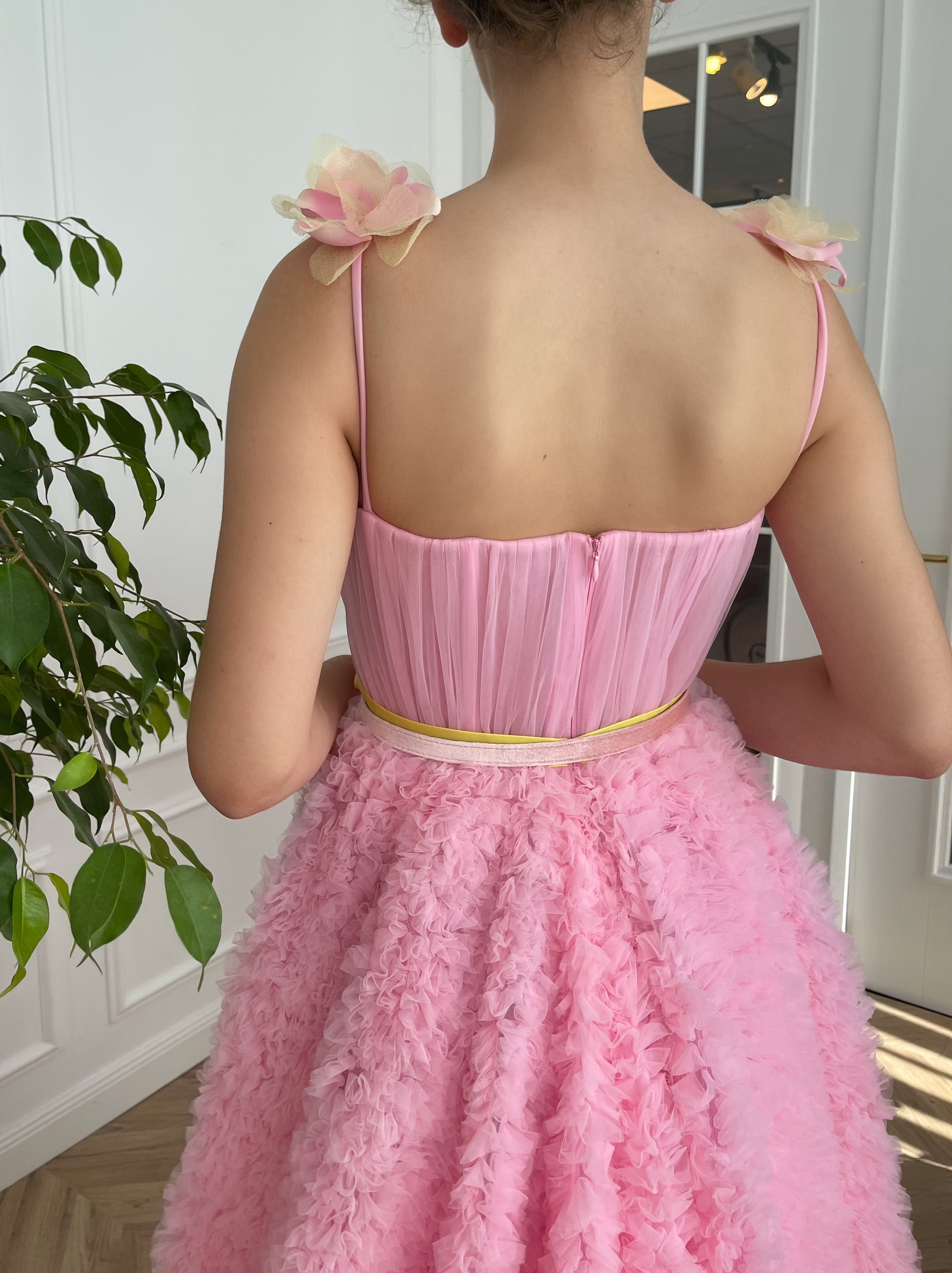 Pink A-Line dress with belt, embroidery and straps