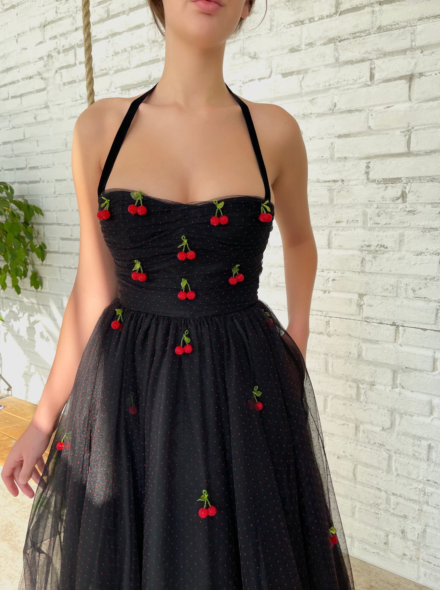 Black midi dress with spaghetti straps and embroidered cherries
