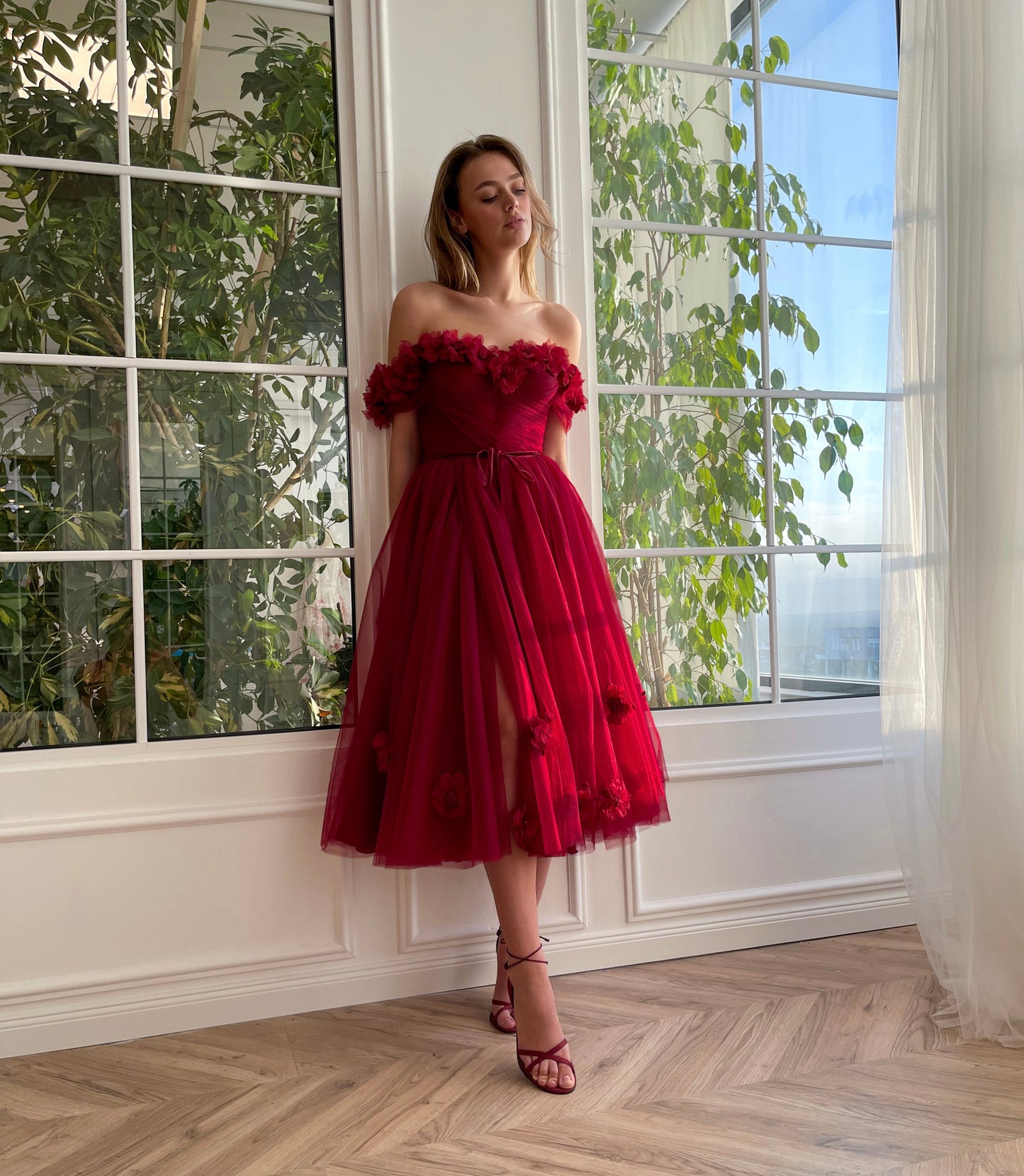 Red midi dress with embroidery, flowers and off the shoulder sleeves