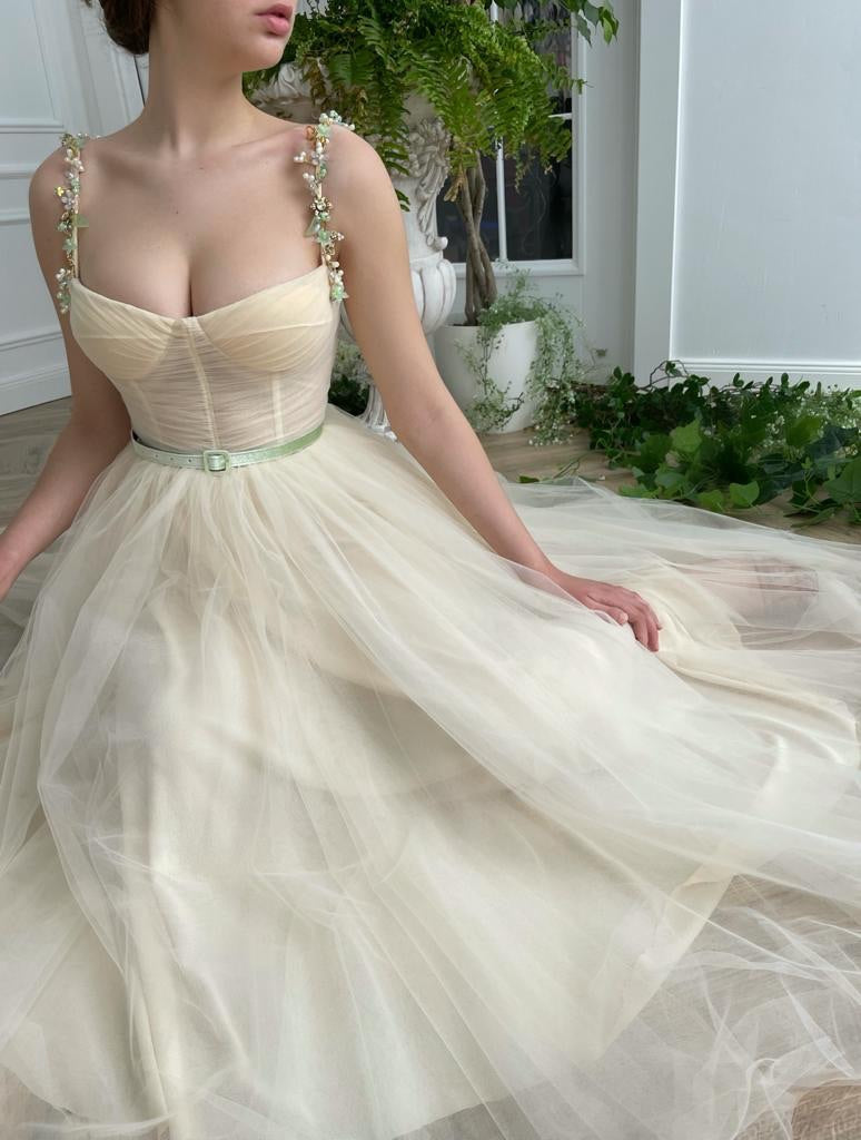 Beige midi dress with belt, spaghetti straps and embroidery