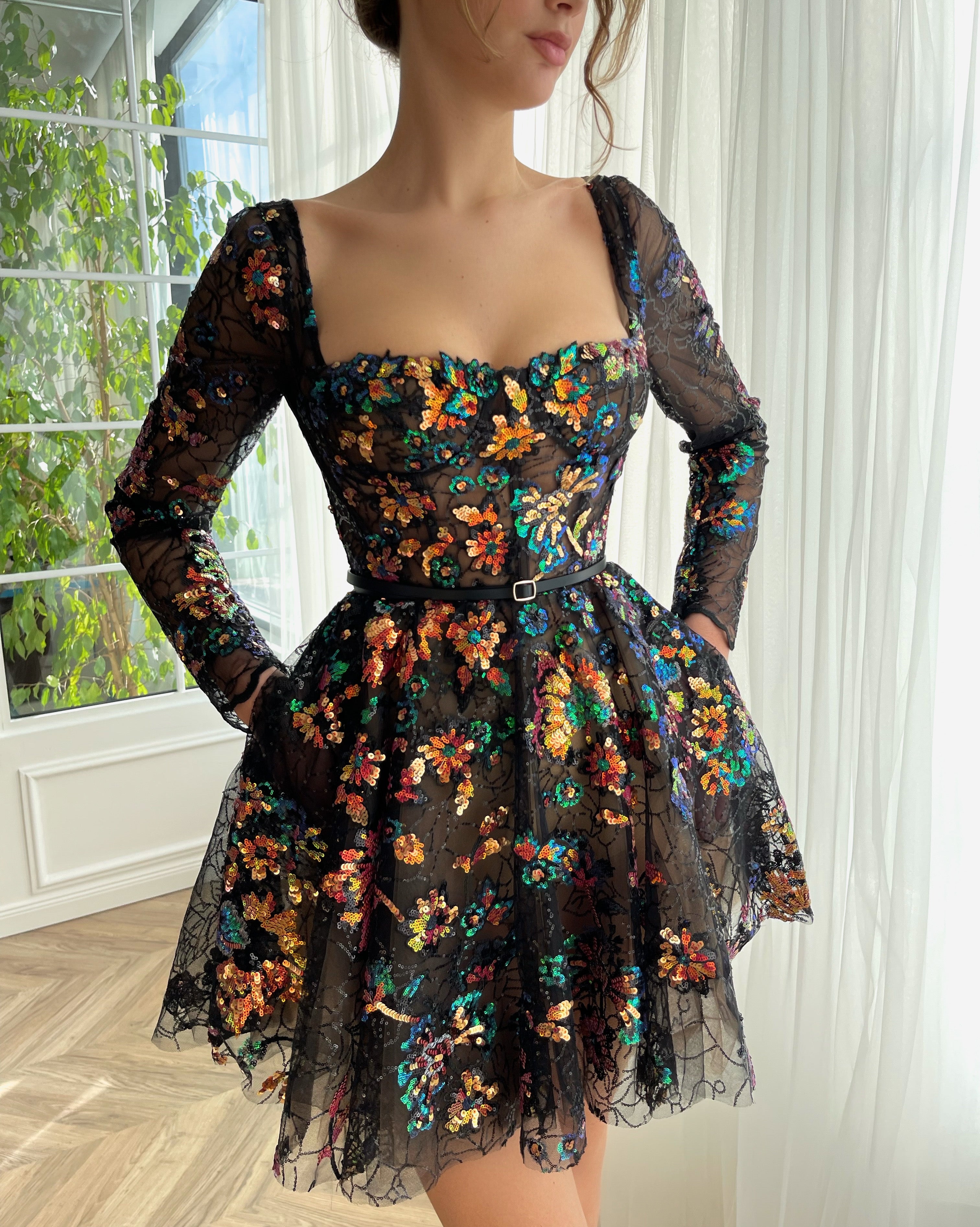 Black mini dress with flowers, embroidery, belt and long sleeves