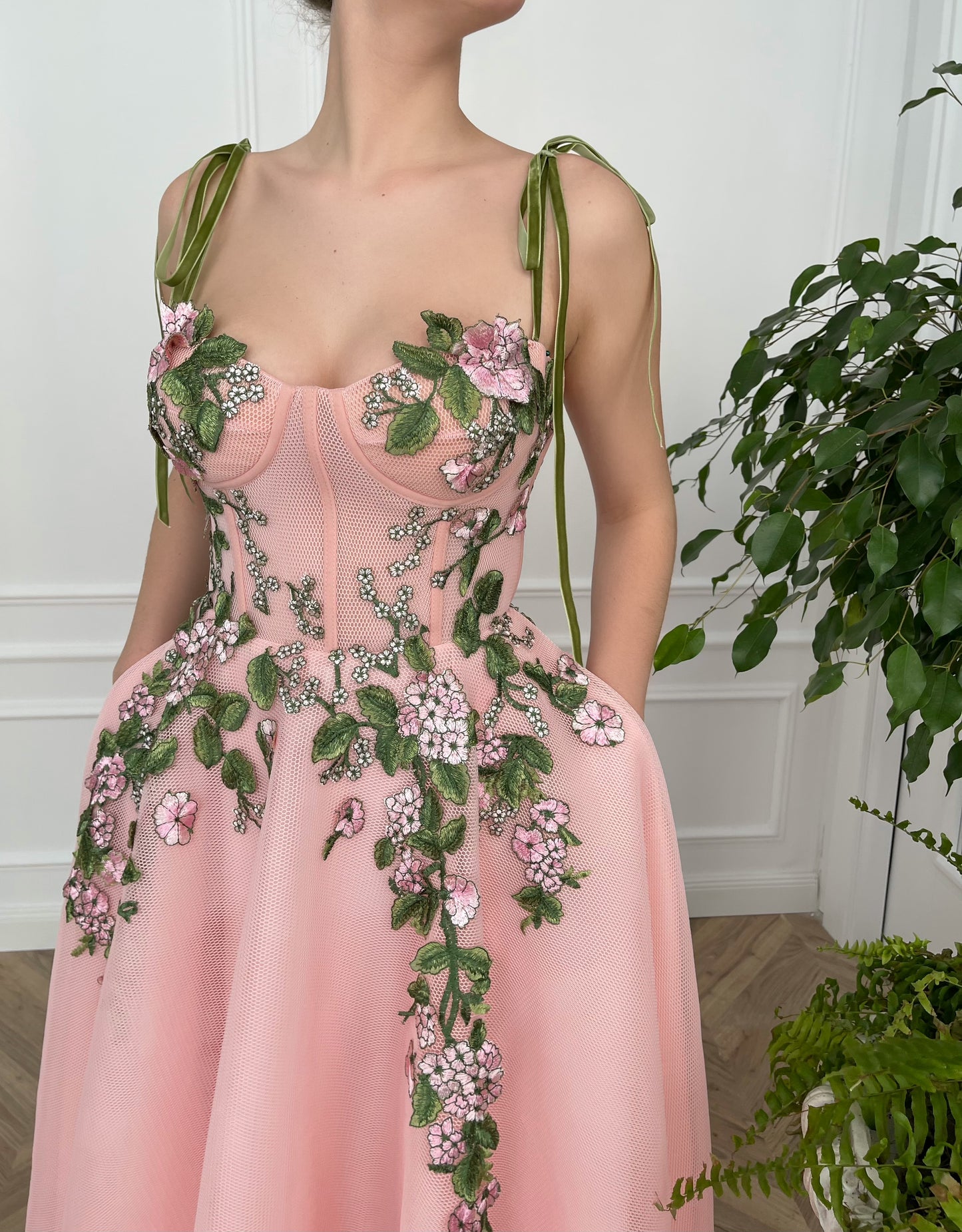 Pink midi dress with embroidery and spaghetti straps