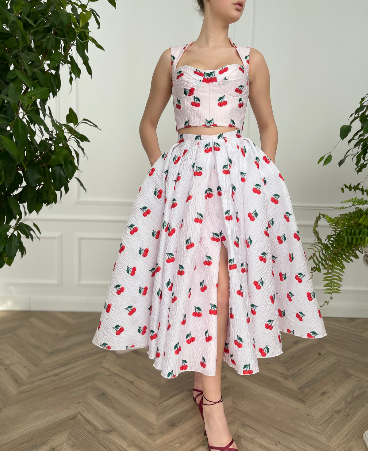 White two piece dress with printed cherries and straps