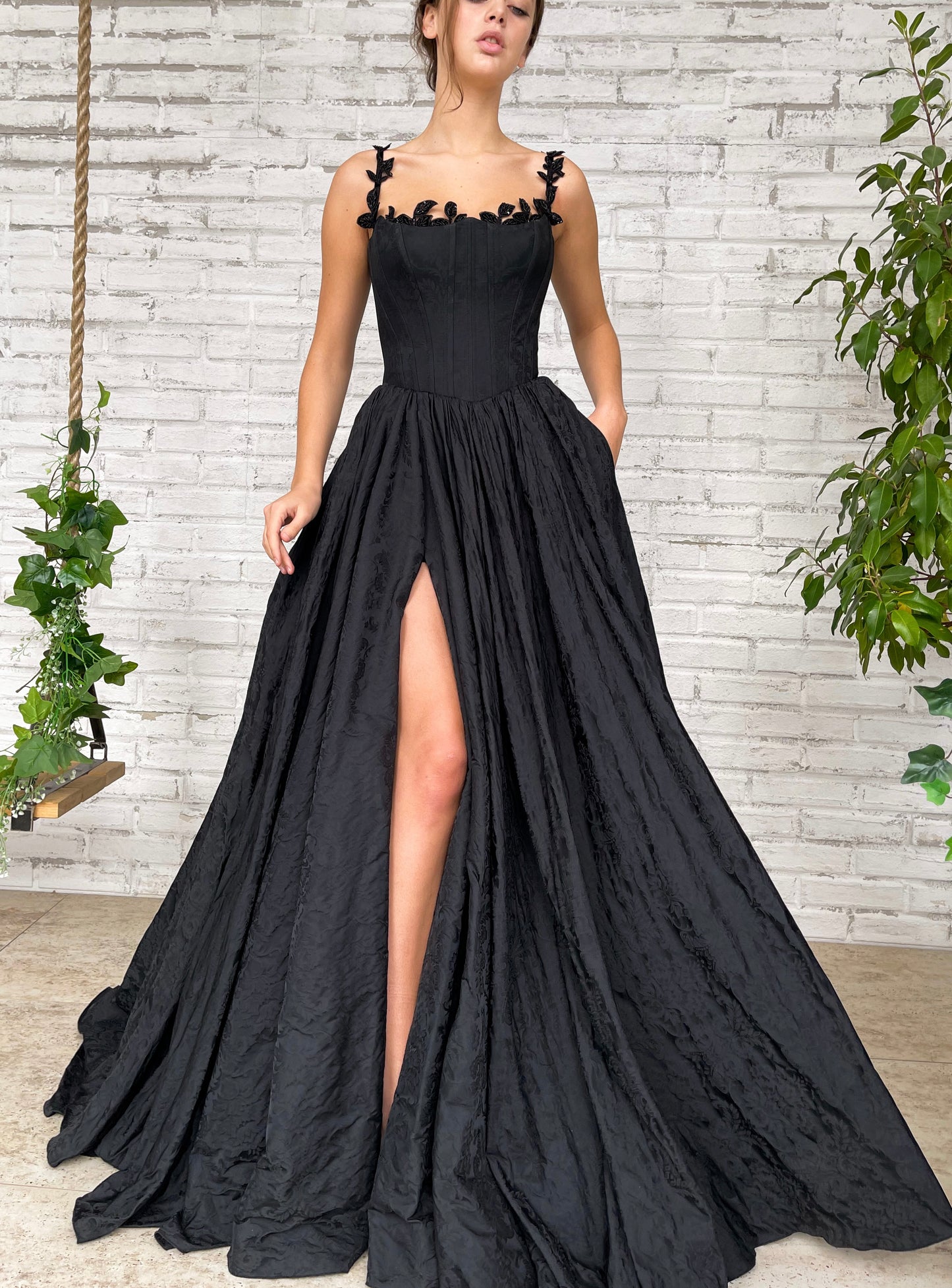 Black A-Line dress with off the shoulder sleeves and embroidery