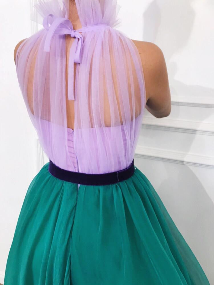 Purple and green A-Line dress with belt, embroidery and no sleeves