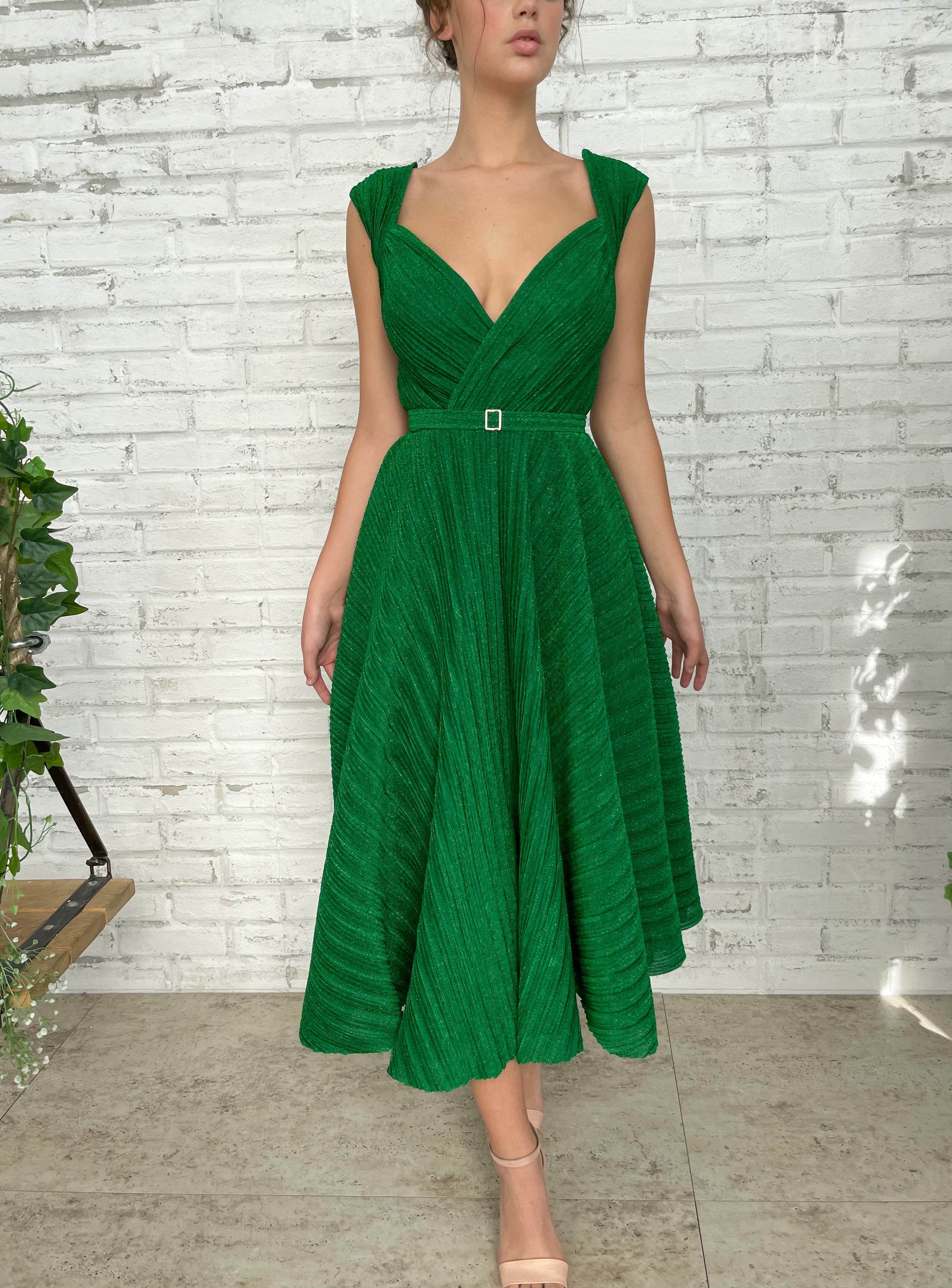 Emerald Green Cocktail Dress With Wide Belt