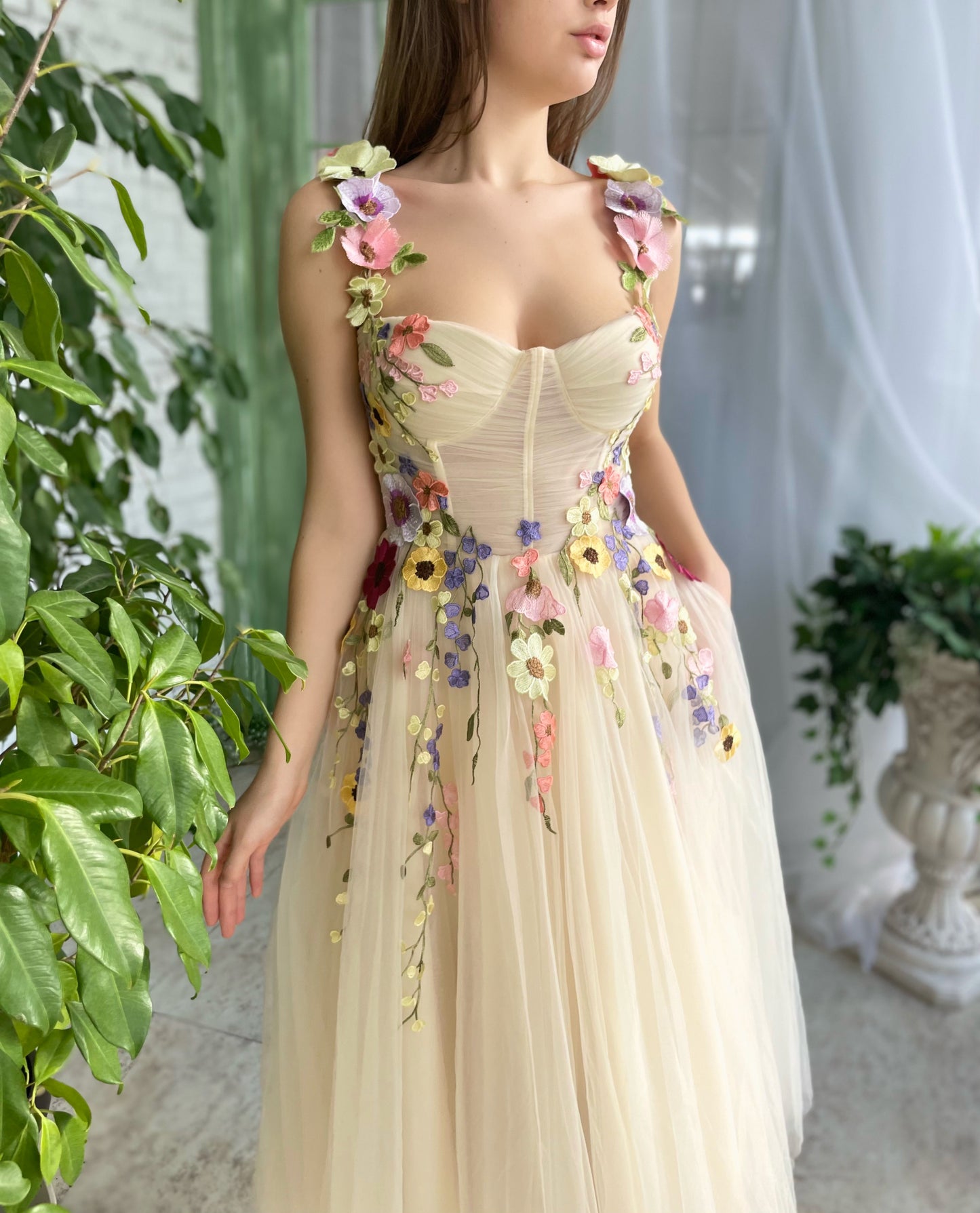 Beige midi dress with spaghetti straps, embroidery and flowers