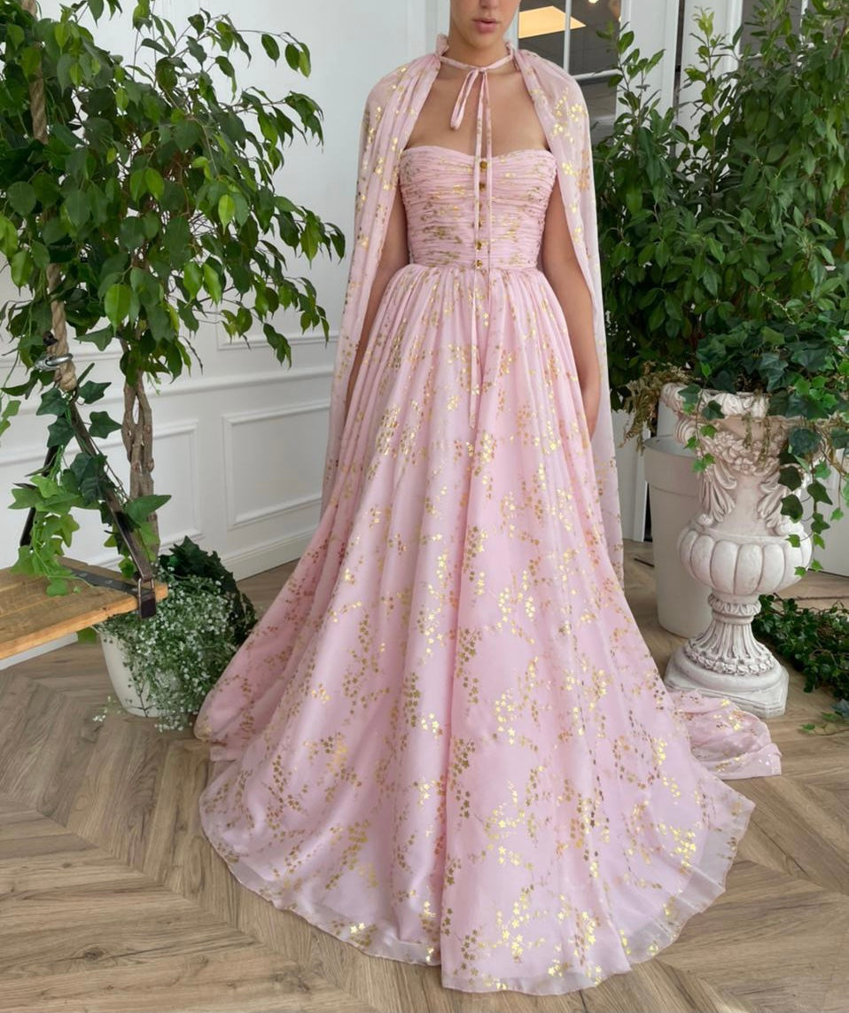 Pink A-Line dress with no sleeves and cape