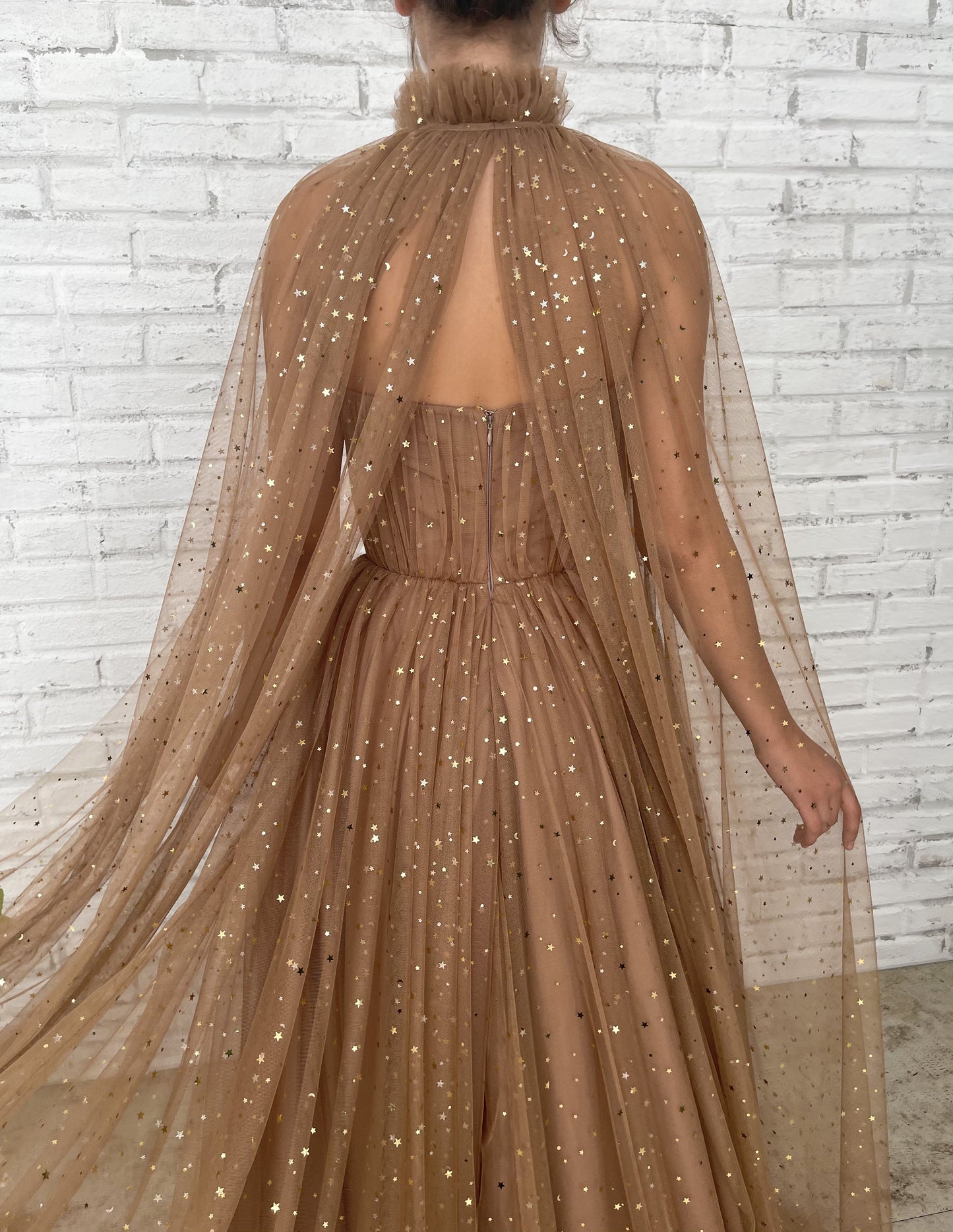 Brown A-Line dress with cape and starry fabric