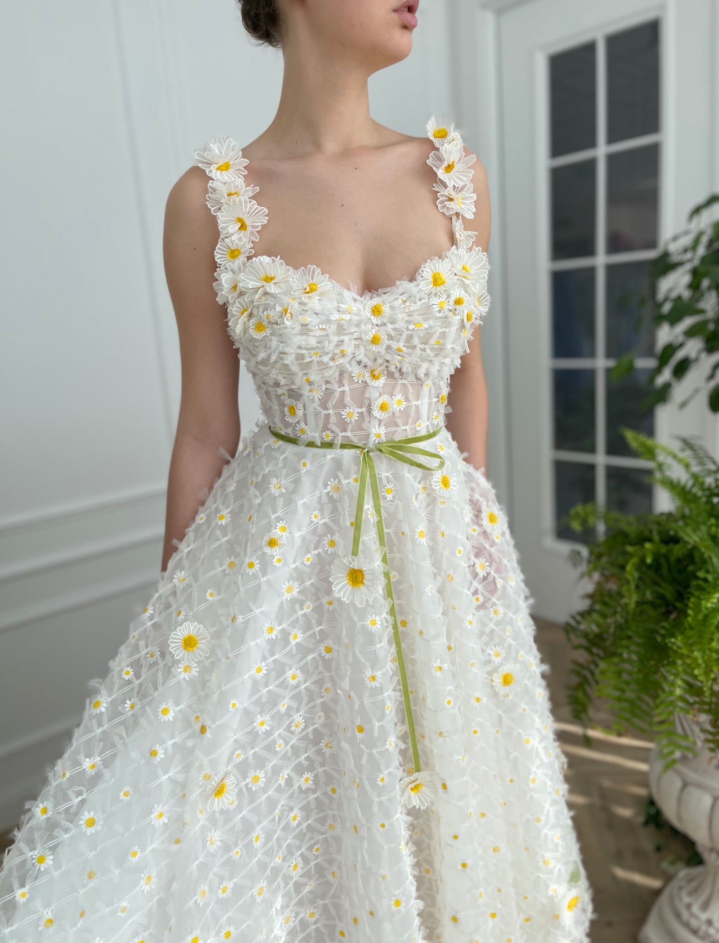 Midi white bridal dress with daisies, straps and embroidered flowers