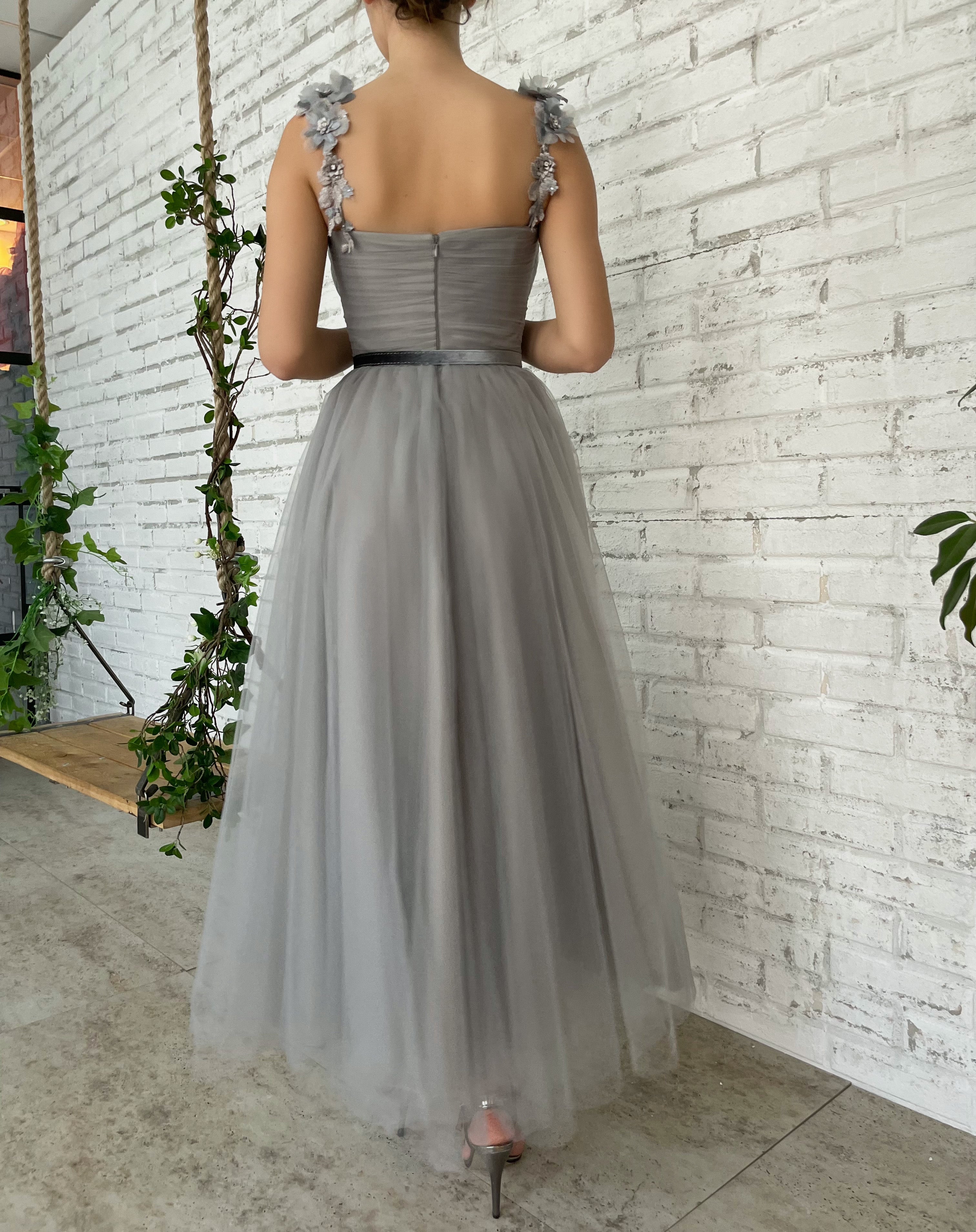 Grey midi dress with spaghetti straps, belt and embroidery