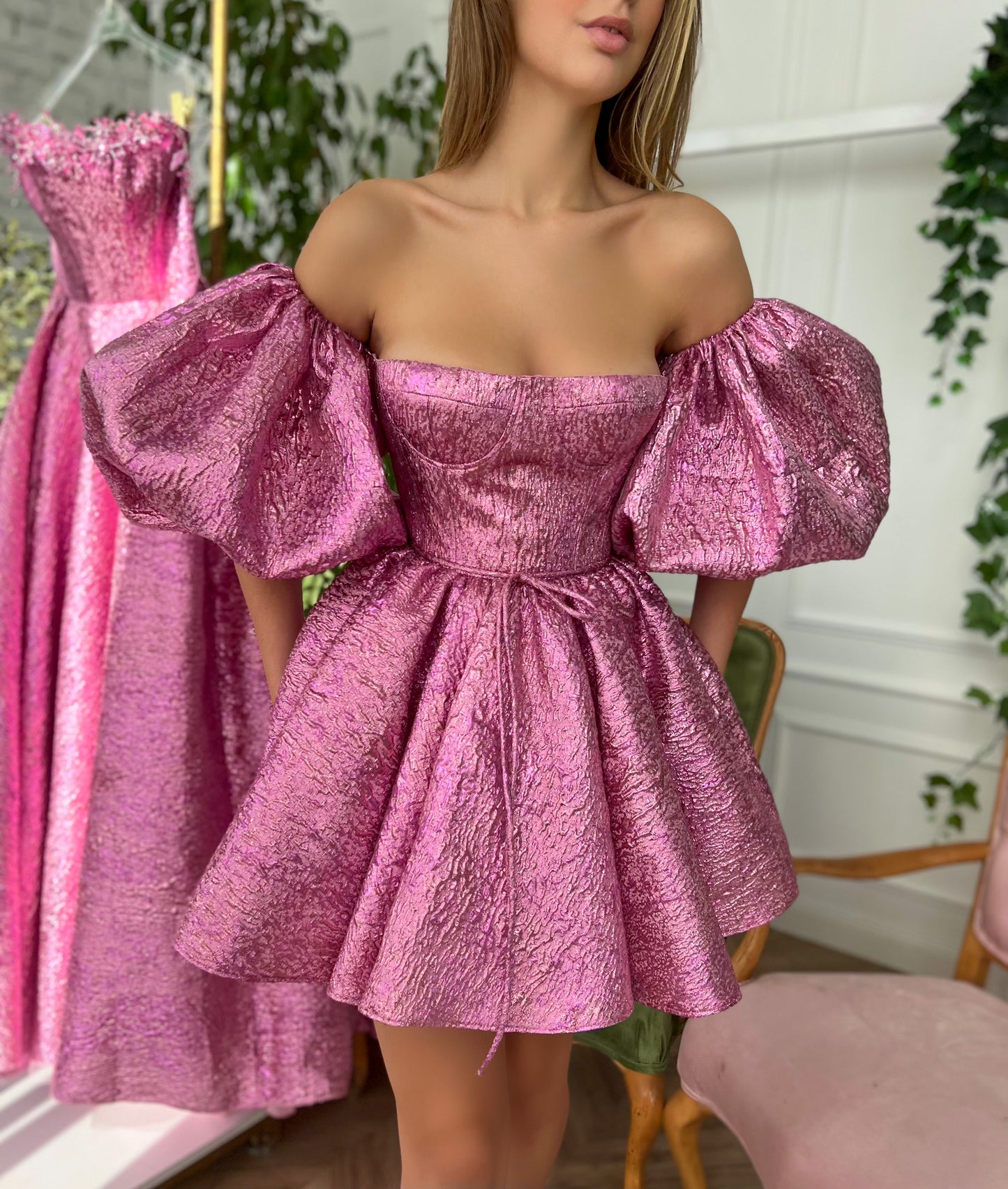 Pink mini dress with off the shoulder sleeves and taffeta brocade fabric