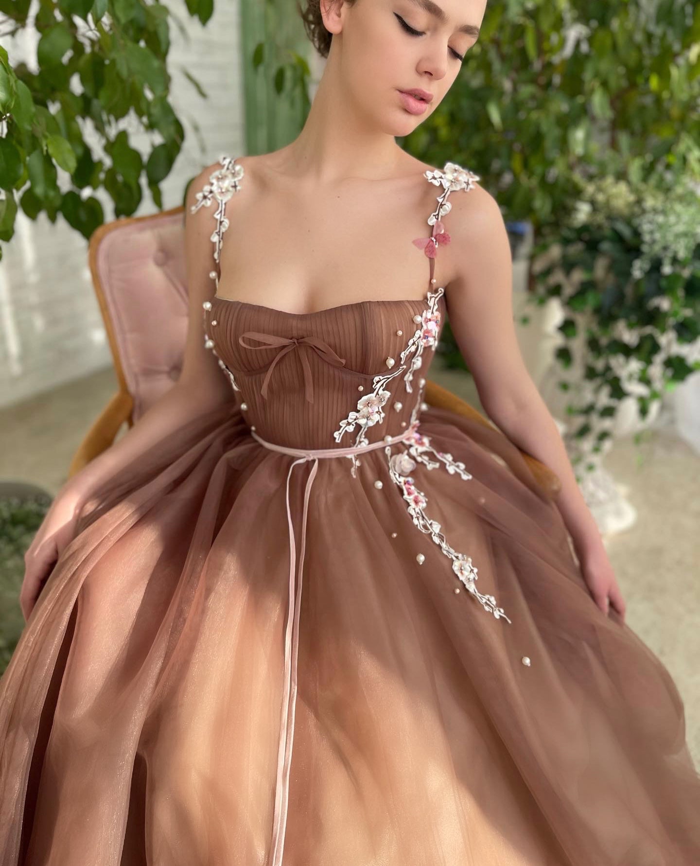 Brown A-Line dress with spaghetti straps and embroidery