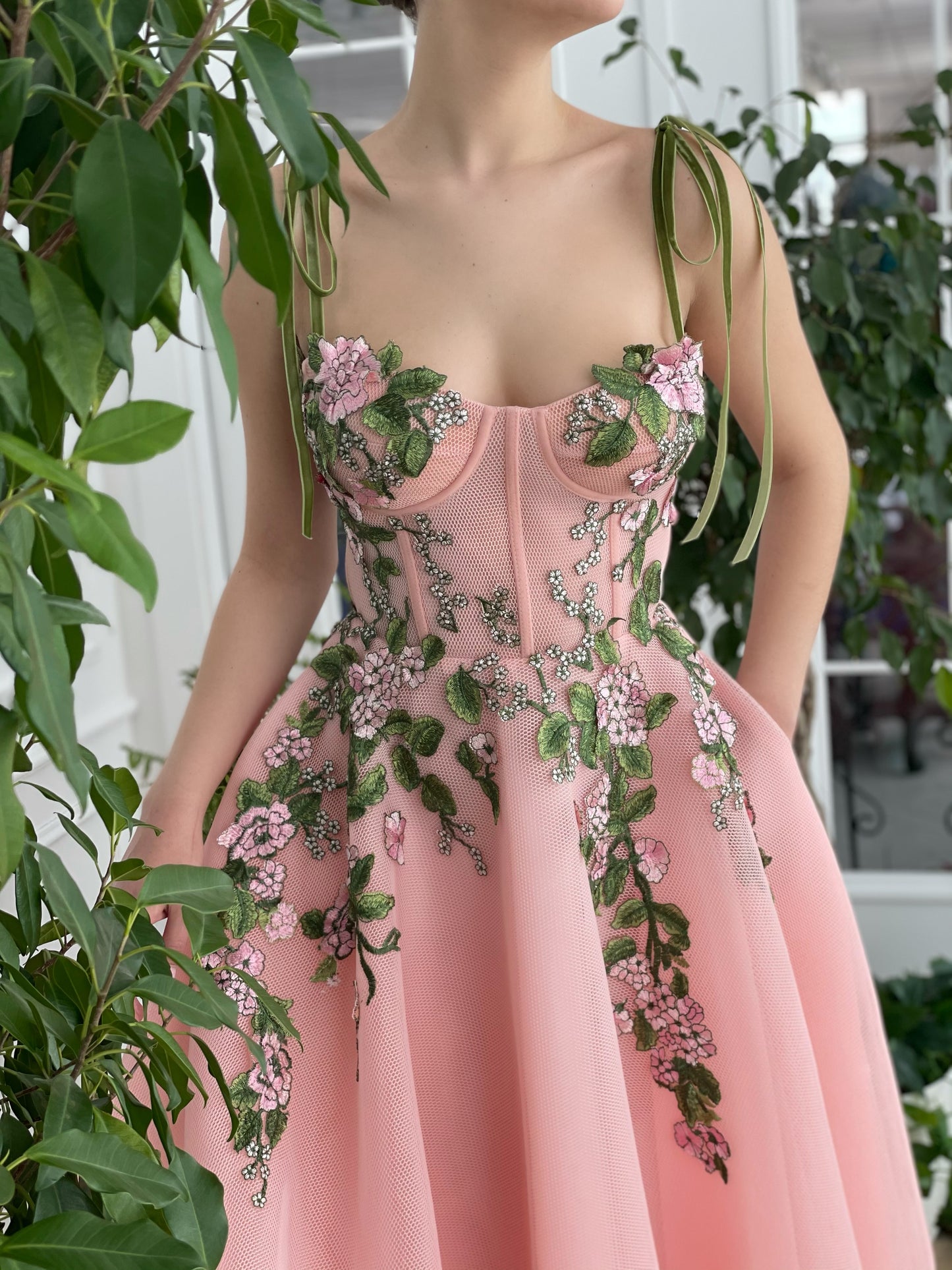 Pink midi dress with embroidery and spaghetti straps