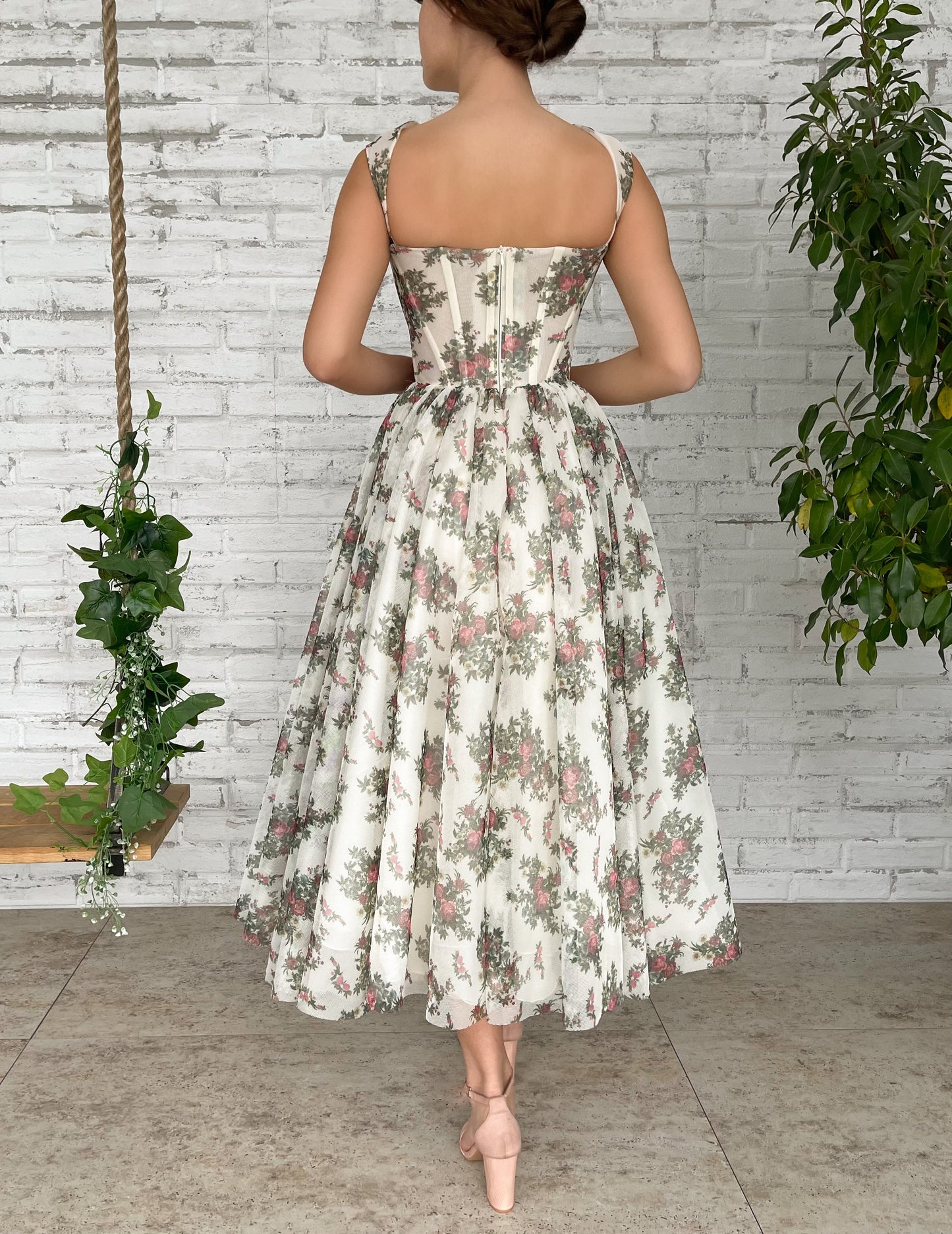 White midi dress with printed flowers and straps