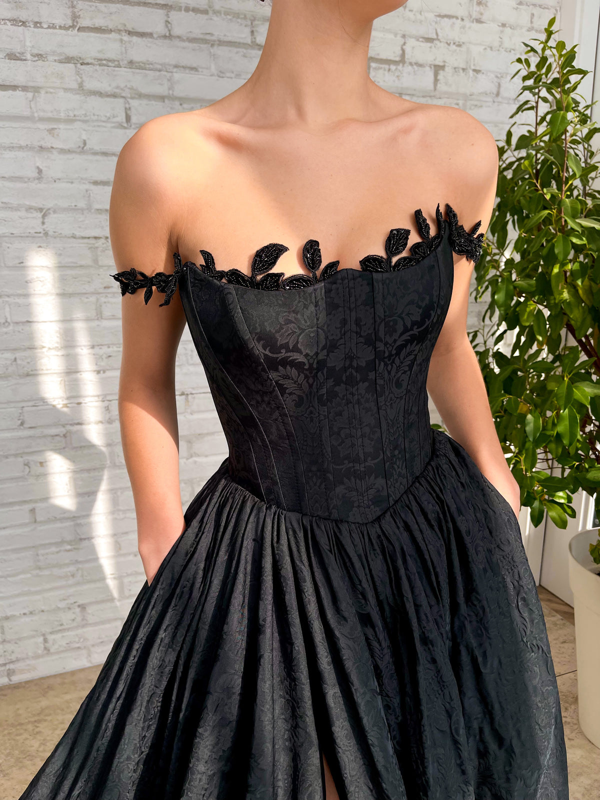 Black A-Line dress with off the shoulder sleeves and embroidery