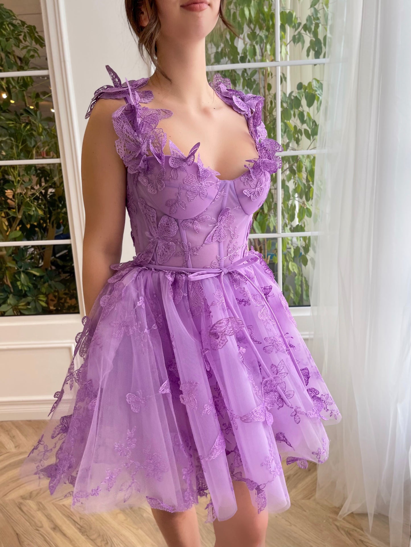 Purple mini dress with straps and embroidered butterflies