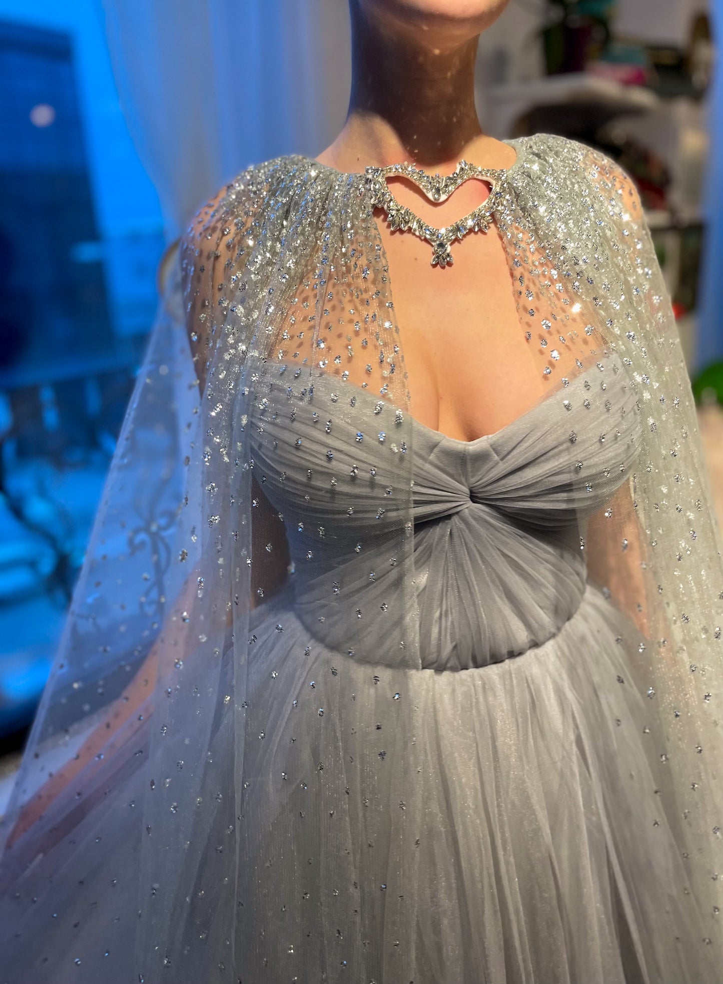 Grey midi dress with cape and belt