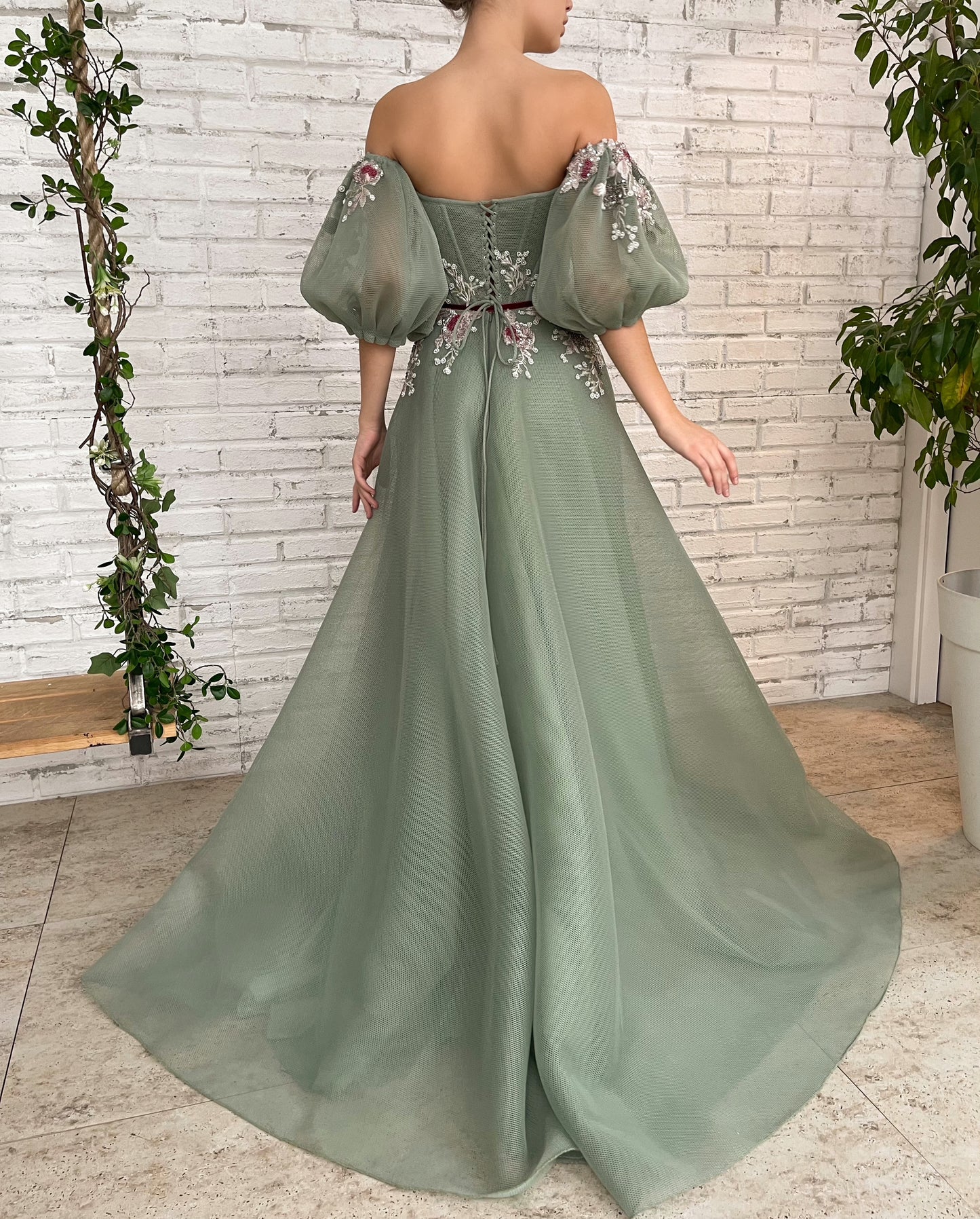 Green A-Line dress with off the shoulder sleeves and embroidery