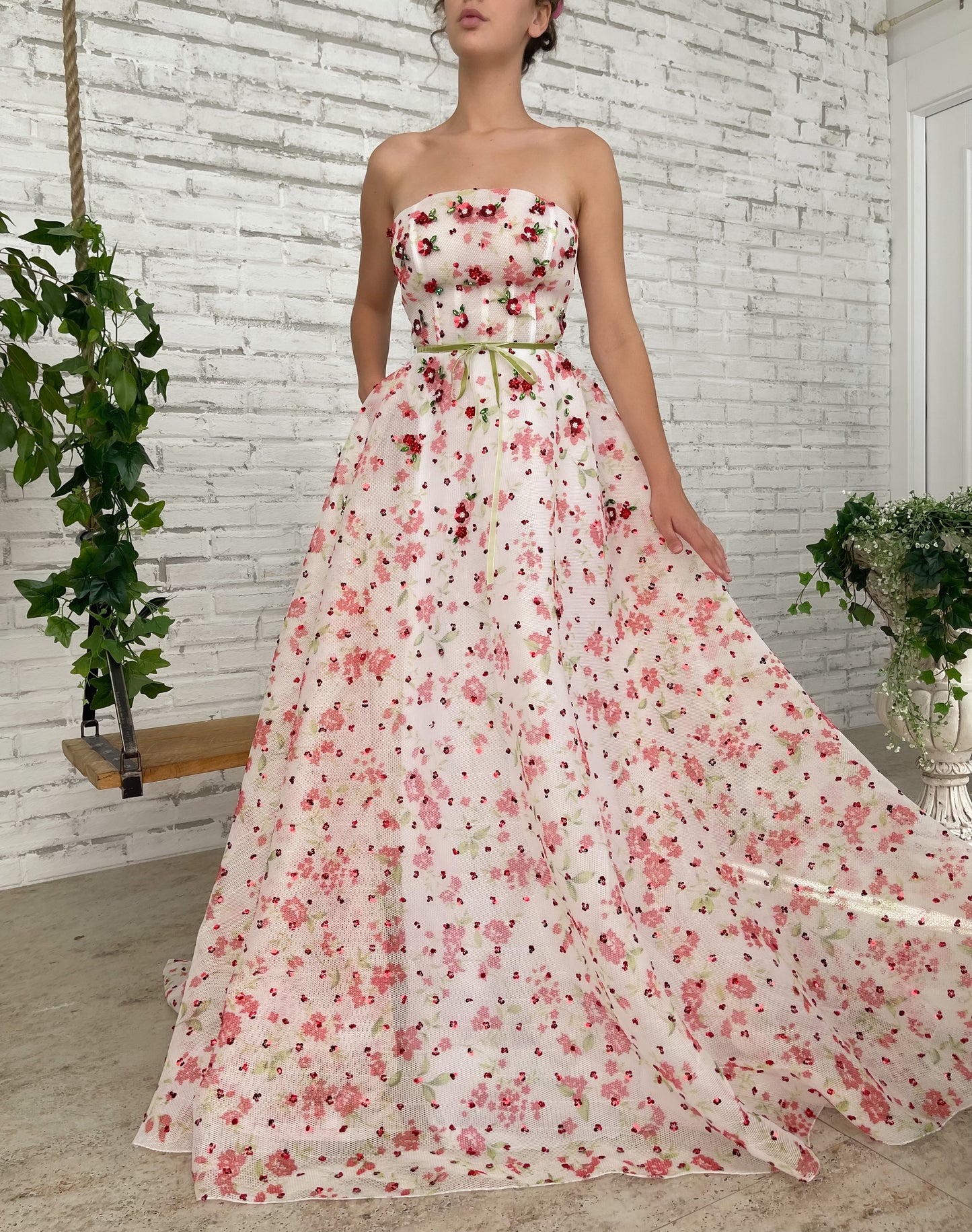 White A-Line dress with no sleeves and embroidery