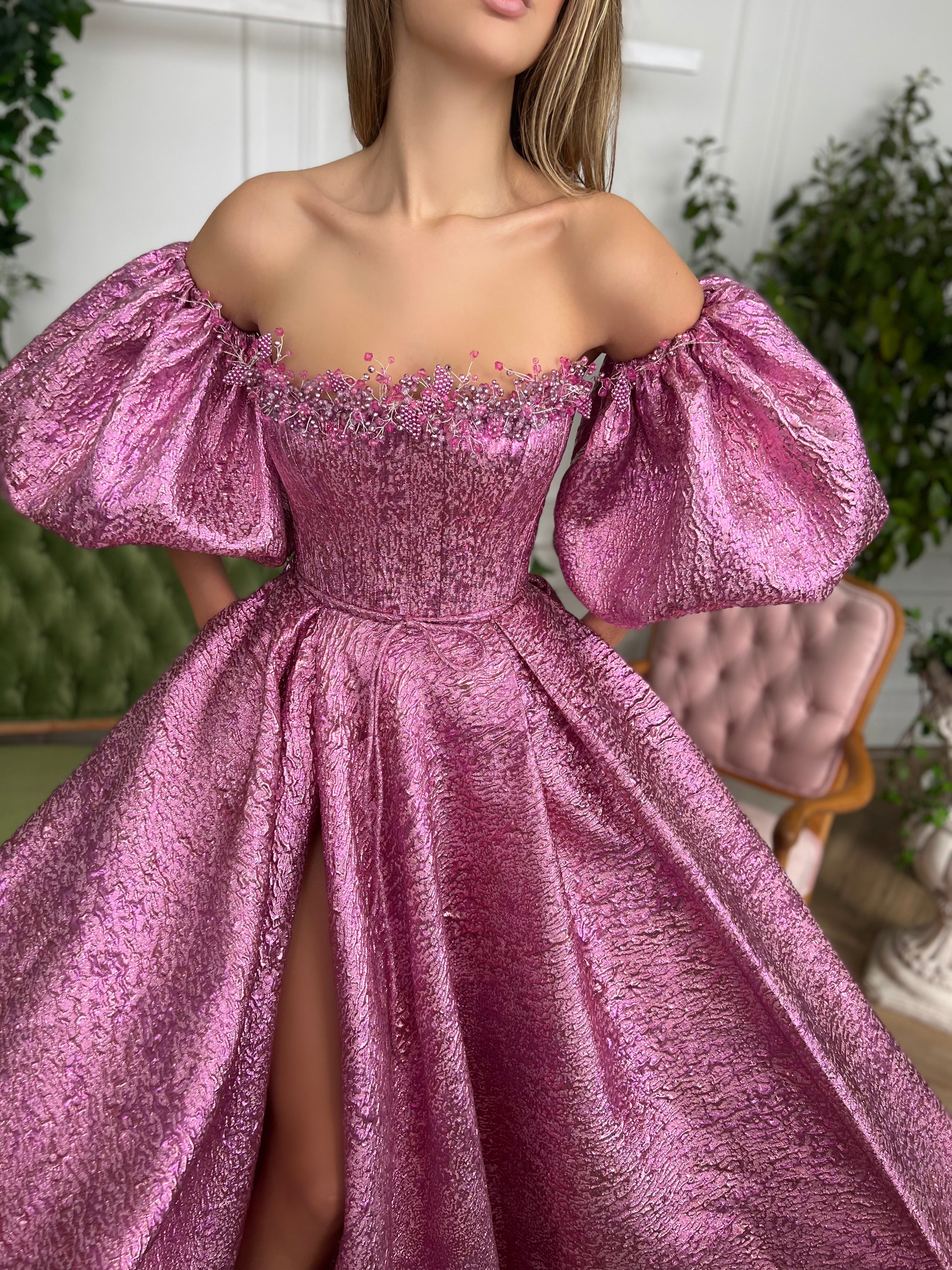 Pink A-Line dress with off the shoulder sleeves, embroidery and taffeta brocade fabric
