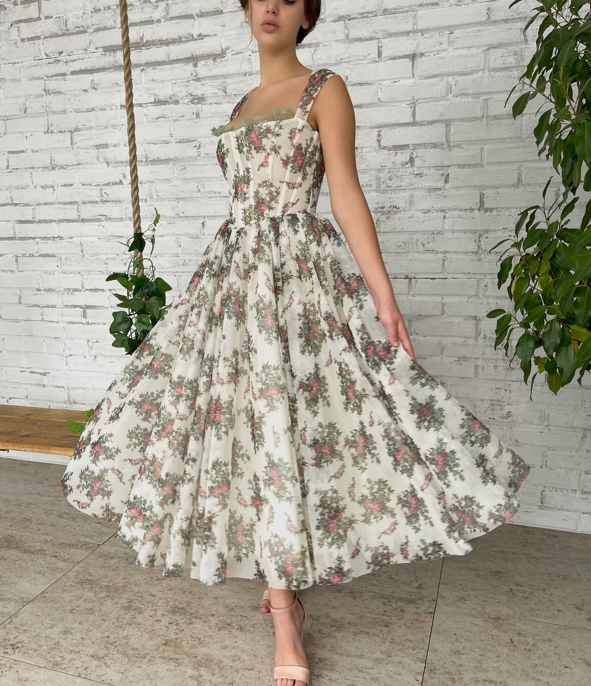 White midi dress with printed flowers and straps