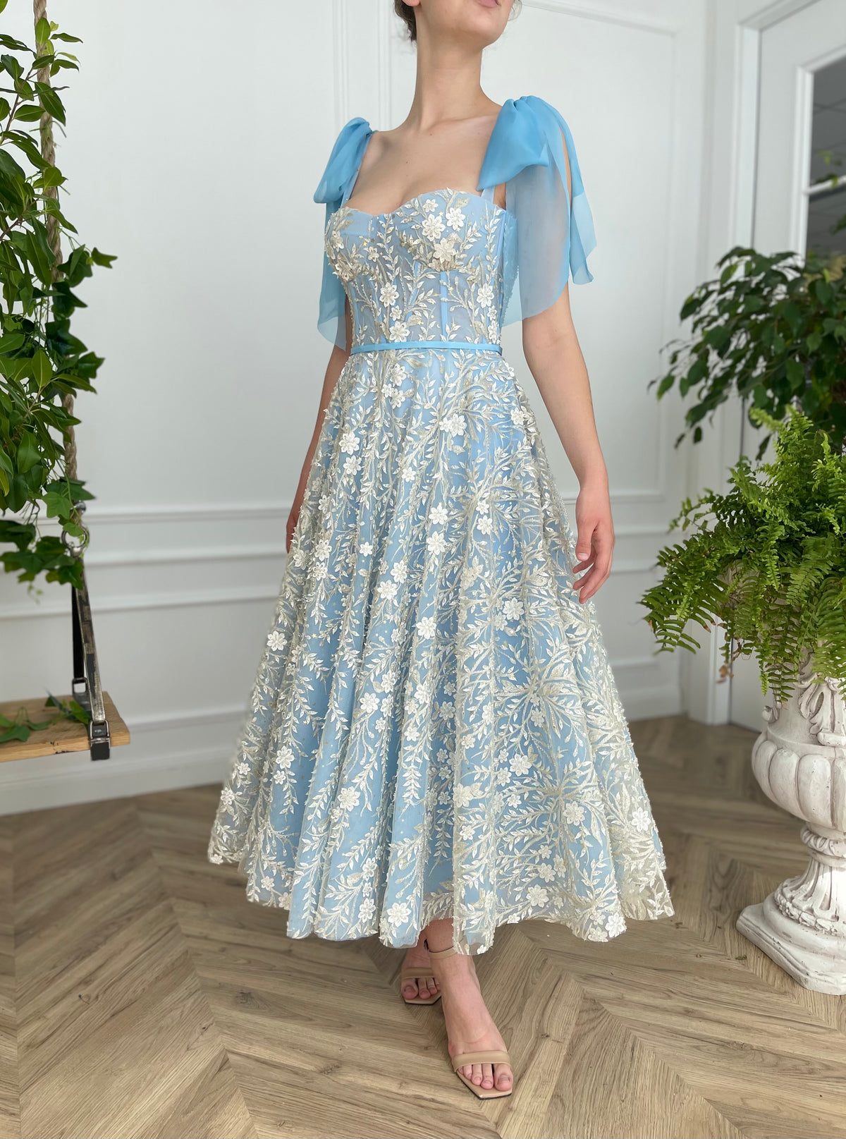 Blue midi dress with bow straps